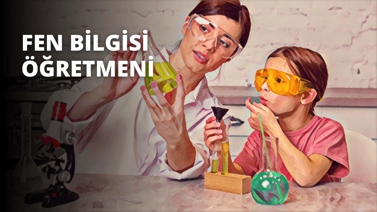 Güvenlik gözlükleri takmış bir kadın ve bir kız laboratuarda durmaktadır. Kadının üzerinde bir laboratuvar önlüğü vardır ve elinde sarı bir sıvıyla dolu bir deney tüpü tutmaktadır. Kızın da koruyucu gözlükleri vardır ve elinde beyaz bir sıvıyla dolu yeşil bir tüp tutmaktadır. Arkalarında bir kutunun yakın çekimi ve yanında sarı bir nesnenin yakın çekimi görülüyor. Görüntünün sağ tarafında yeşil ve kırmızı bir yüz görülüyor. Sol alt köşede bir kişinin yüzünün yakın çekimi, sağ üst köşede ise bir elin yakın çekimi görülüyor. Kadın ve kız bir laboratuvar ortamında, muhtemelen bir deney yapıyorlar.