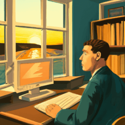 The man is sitting at a desk in front of a window. He is looking out intently, his gaze directed outside. His eyes are wide and his face is thoughtful as he contemplates the world beyond the window's panes. His body is relaxed, and his hands are resting on the desk. The man is dressed in a white shirt and dark trousers, and his hair is cut short. His expression is one of careful contemplation, as he takes in the sights and sounds of the world outside. He is alone in his thoughts, and his posture is one of peacefulness. He is alone in the room, surrounded by silence and the gentle light of the window.