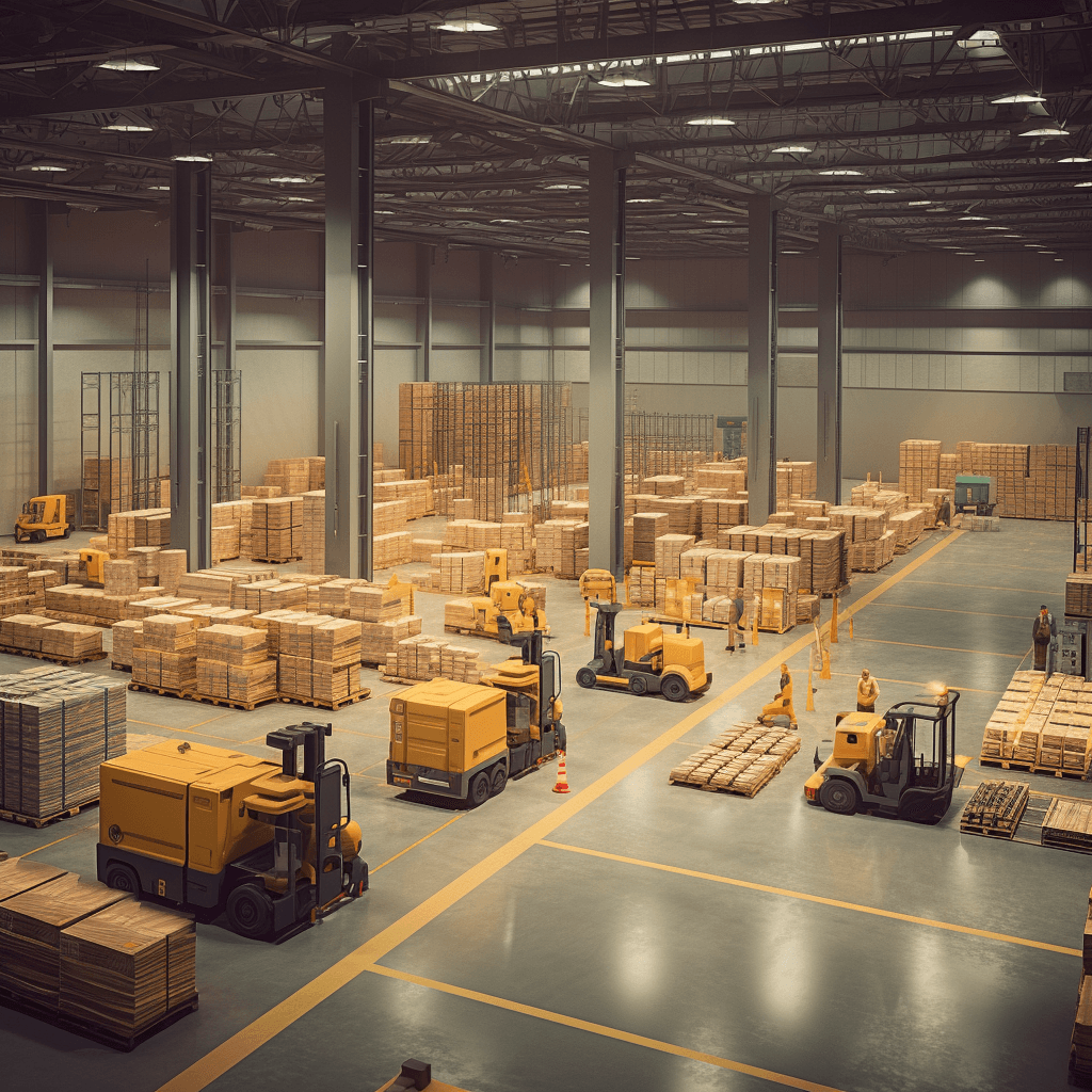 Depo, verimli çalışma için geniş bir alan ve düzenli bir düzen sağlar. Çalışanlar, forkliftler veya nakliye araçları kullanarak depo içinde malları taşırken görülebilir. Bu, sürecin bir parçası olarak fiziksel hareketi temsil eder