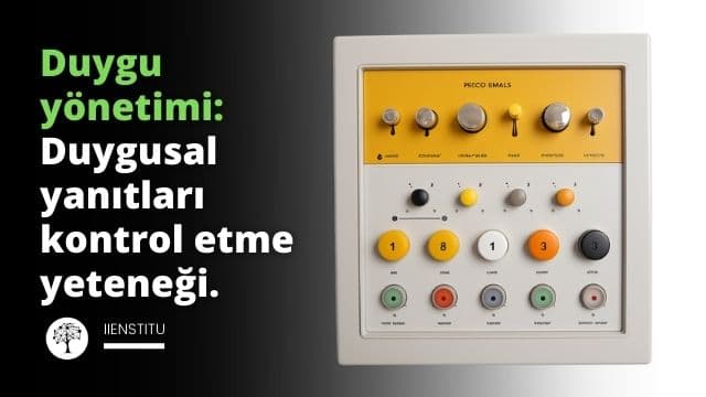 Beyaz bir arka plan üzerinde, kontrol düğmeleri ve sürgüleri olan koyu sarı renkte bir karışım paneli (ses kontrol paneli) görüyoruz. Bu panel duygu yönetimini temsil etmektedir. Her bir kontrol düğmesi ve kaydırıcı neşe, üzüntü, öfke, korku ve şaşkınlık gibi farklı bir duyguyu temsil etmektedir. Bu, duygularımızın yönetilebilir olduğunu ve doğru araç ve becerilerle ayarlanabileceğini temsil eder. Bu görsel, duygu yönetiminin duygusal tepkilerimizi kontrol etme ve uygun şekilde ifade etme becerimiz olduğunu vurgulamak için tasarlanmıştır.
