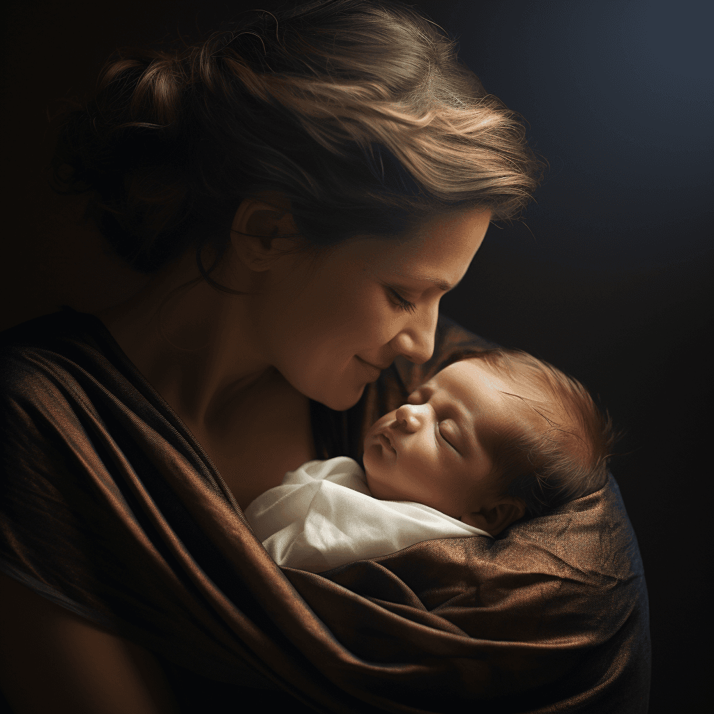 karanlık bir arka plan üzerinde bebeğini tutan genç bir anne, greg olsen tarzında, koyu çivit mavisi ve açık kehribar, peter lippmann, lilia alvarado, 8k çözünürlük, sarılmış, ince parlaklık