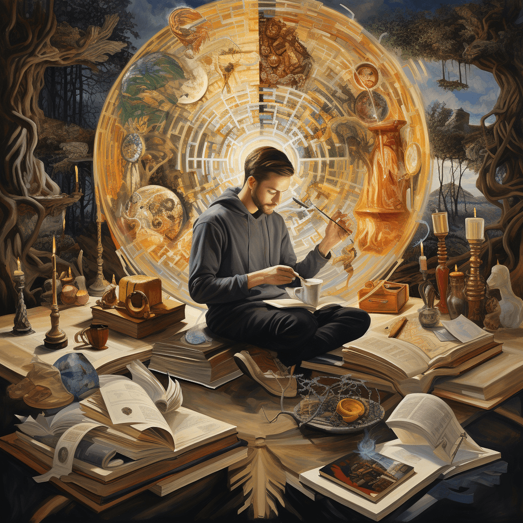 An oil painting showcasing a person chiseling a statue of themselves, symbolizing the process of personal development. The individual is surrounded by objects representing different strategies: an open book for self-education, interconnected nodes for networking, a mirror for self-reflection, a calm pond for mindfulness, and a set of dumbbells and a fruit basket for health and wellness. This visually rich, impressionistic tableau illustrates various strategies for personal development.