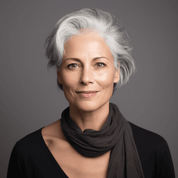 Beautiful woman with gray hair in black shirt and scarf, in the style of softly blended hues, hasselblad h6d-400c, uhd image, loose paint application, vibrant colorist, symmetrical, goosepunk