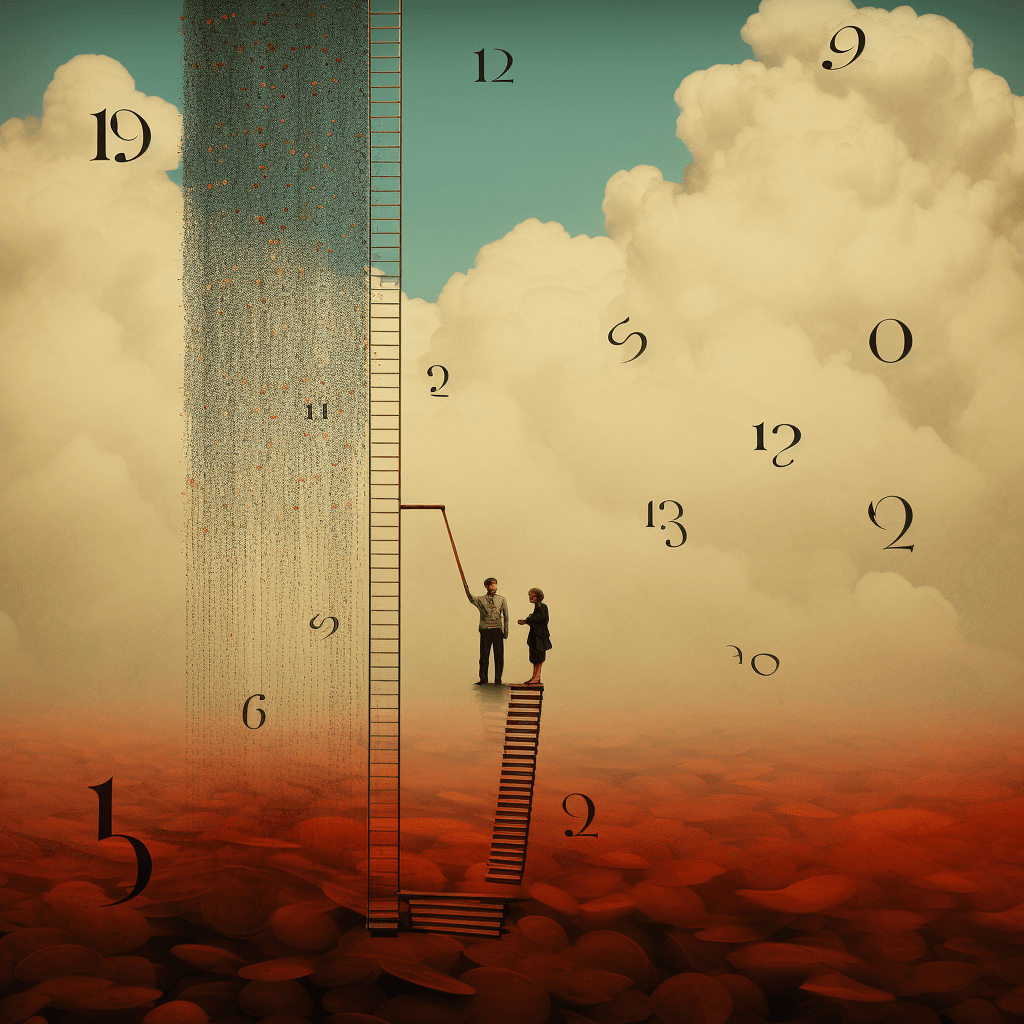 People standing inside a ladder with a clock next to them, in the style of dreamlike surrealist landscapes, data visualization, intuitive gestures, contrast of scale, numerical complexity, conceptual art pieces, atmospheric clouds