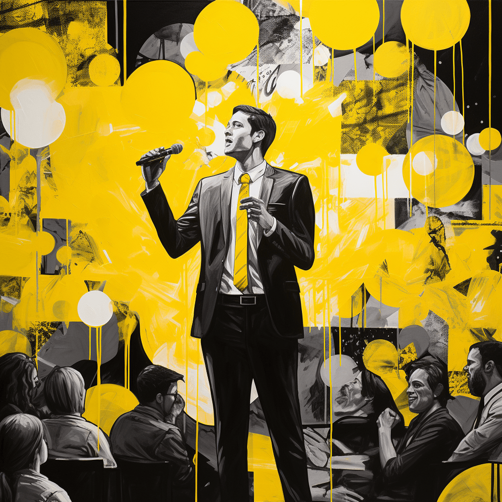 In this visually captivating scene, we find ourselves in the midst of a powerful metaphor for John's journey of self-discovery and transformation as a public speaker. The background is adorned with striking shades of yellow, evoking feelings of brightness and optimism, while the foreground is artistically depicted in contrasting black and white hues, symbolizing the internal struggle John faces.  The image centers around John, the protagonist, who stands at the edge of a towering cliff. He is portrayed as a silhouette, emphasizing his initial lack of self-assurance and confidence. The windswept landscape adds an element of dynamism, representing the turbulence and uncertainty that characterizes his current state.  In the distance, there is a magnificent and seemingly unattainable stage, brightly illuminated with golden spotlights. This represents John's ultimate goal: becoming a successful and passionate public speaker. The stage is positioned high above the clouds, reflecting the daunting challenge John must overcome to achieve his dreams.  To further emphasize the inner conflict, we see two distinct paths leading from John's position. The first path is narrow and perilous, riddled with obstacles and sharp edges, signifying his hesitancy and fear of public speaking. On the other hand, the second path is broader, gradually sloping upwards, and adorned with motivational quotes and encouraging words. This path symbolizes the journey of growth, confidence, and empowerment that John must embark on to conquer his insecurities.  As the viewer gazes at the image, they are encouraged to reflect on their own personal struggles and aspirations, empathizing with John's emotional journey. The colors, composition, and symbolism combine to create a thought-provoking and visually stunning prompt, inviting the observer to ponder the importance of self-belief and resilience in achieving one's goals.