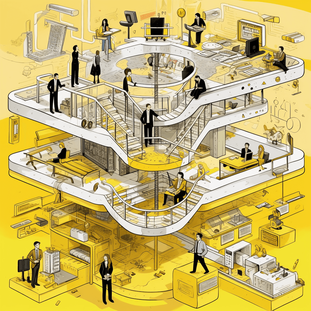 Organizational change types, strategic alignment, structural hierarchy modifications, technology implementation, people-oriented focus, yellow, black, white colors, visual metaphor, Youtube cover image style