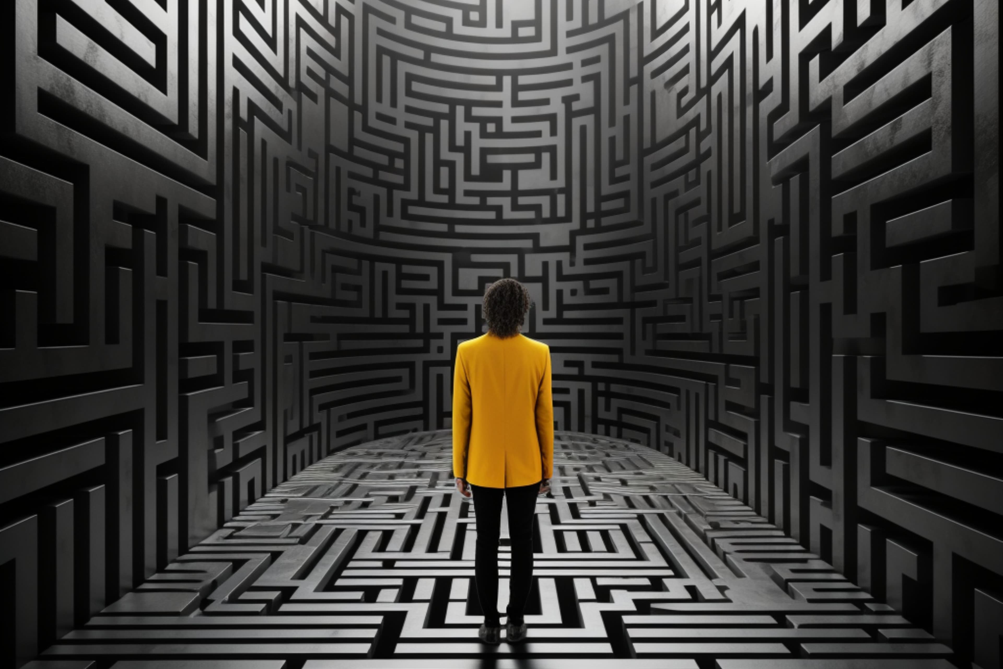 Yellow, black and white colors, impressive visual; a person silhouette with a maze-like brain shape, showcasing problem-solving skills.