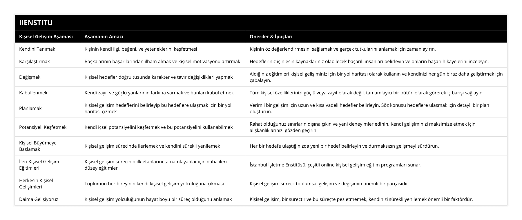 Kendini Tanımak, Kişinin kendi ilgi, beğeni, ve yeteneklerini keşfetmesi, Kişinin öz değerlendirmesini sağlamak ve gerçek tutkularını anlamak için zaman ayırın, Karşılaştırmak, Başkalarının başarılarından ilham almak ve kişisel motivasyonu artırmak, Hedefleriniz için esin kaynaklarınız olabilecek başarılı insanları belirleyin ve onların başarı hikayelerini inceleyin, Değişmek, Kişisel hedefler doğrultusunda karakter ve tavır değişiklikleri yapmak, Aldığınız eğitimleri kişisel gelişiminiz için bir yol haritası olarak kullanın ve kendinizi her gün biraz daha geliştirmek için çabalayın, Kabullenmek, Kendi zayıf ve güçlü yanlarının farkına varmak ve bunları kabul etmek, Tüm kişisel özelliklerinizi güçlü veya zayıf olarak değil, tamamlayıcı bir bütün olarak görerek iç barışı sağlayın, Planlamak, Kişisel gelişim hedeflerini belirleyip bu hedeflere ulaşmak için bir yol haritası çizmek, Verimli bir gelişim için uzun ve kısa vadeli hedefler belirleyin Söz konusu hedeflere ulaşmak için detaylı bir plan oluşturun, Potansiyeli Keşfetmek, Kendi içsel potansiyelini keşfetmek ve bu potansiyelini kullanabilmek, Rahat olduğunuz sınırların dışına çıkın ve yeni deneyimler edinin Kendi gelişiminizi maksimize etmek için alışkanlıklarınızı gözden geçirin, Kişisel Büyümeye Başlamak, Kişisel gelişim sürecinde ilerlemek ve kendini sürekli yenilemek, Her bir hedefe ulaştığınızda yeni bir hedef belirleyin ve durmaksızın gelişmeyi sürdürün, İleri Kişisel Gelişim Eğitimleri, Kişisel gelişim sürecinin ilk etaplarını tamamlayanlar için daha ileri düzey eğitimler, İstanbul İşletme Enstitüsü, çeşitli online kişisel gelişim eğitim programları sunar, Herkesin Kişisel Gelişimleri, Toplumun her bireyinin kendi kişisel gelişim yolculuğuna çıkması, Kişisel gelişim süreci, toplumsal gelişim ve değişimin önemli bir parçasıdır, Daima Gelişiyoruz, Kişisel gelişim yolculuğunun hayat boyu bir süreç olduğunu anlamak, Kişisel gelişim, bir süreçtir ve bu süreçte pes etmemek, kendinizi sürekli yenilemek önemli bir faktördür