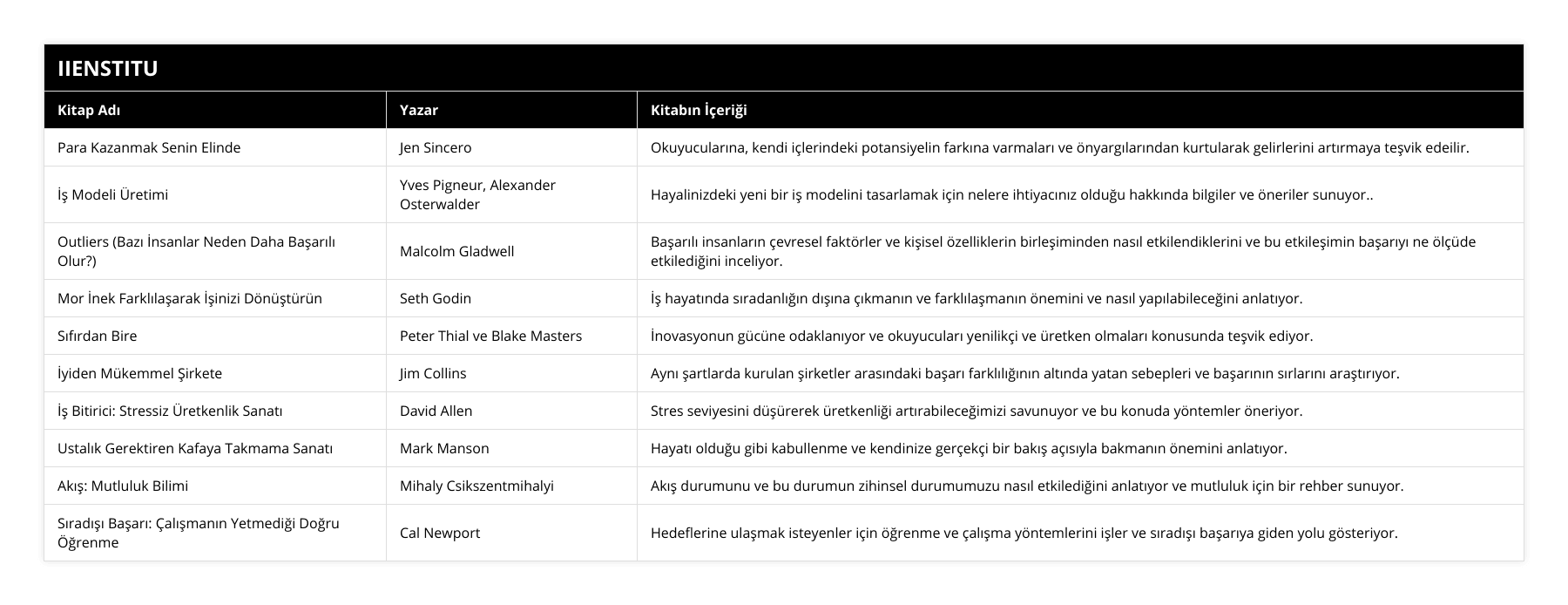 Para Kazanmak Senin Elinde, Jen Sincero, Okuyucularına, kendi içlerindeki potansiyelin farkına varmaları ve önyargılarından kurtularak gelirlerini artırmaya teşvik edeilir, İş Modeli Üretimi, Yves Pigneur, Alexander Osterwalder, Hayalinizdeki yeni bir iş modelini tasarlamak için nelere ihtiyacınız olduğu hakkında bilgiler ve öneriler sunuyor, Outliers (Bazı İnsanlar Neden Daha Başarılı Olur?), Malcolm Gladwell, Başarılı insanların çevresel faktörler ve kişisel özelliklerin birleşiminden nasıl etkilendiklerini ve bu etkileşimin başarıyı ne ölçüde etkilediğini inceliyor, Mor İnek Farklılaşarak İşinizi Dönüştürün, Seth Godin, İş hayatında sıradanlığın dışına çıkmanın ve farklılaşmanın önemini ve nasıl yapılabileceğini anlatıyor, Sıfırdan Bire, Peter Thial ve Blake Masters, İnovasyonun gücüne odaklanıyor ve okuyucuları yenilikçi ve üretken olmaları konusunda teşvik ediyor, İyiden Mükemmel Şirkete, Jim Collins, Aynı şartlarda kurulan şirketler arasındaki başarı farklılığının altında yatan sebepleri ve başarının sırlarını araştırıyor, İş Bitirici: Stressiz Üretkenlik Sanatı, David Allen, Stres seviyesini düşürerek üretkenliği artırabileceğimizi savunuyor ve bu konuda yöntemler öneriyor, Ustalık Gerektiren Kafaya Takmama Sanatı, Mark Manson, Hayatı olduğu gibi kabullenme ve kendinize gerçekçi bir bakış açısıyla bakmanın önemini anlatıyor, Akış: Mutluluk Bilimi, Mihaly Csikszentmihalyi, Akış durumunu ve bu durumun zihinsel durumumuzu nasıl etkilediğini anlatıyor ve mutluluk için bir rehber sunuyor, Sıradışı Başarı: Çalışmanın Yetmediği Doğru Öğrenme, Cal Newport, Hedeflerine ulaşmak isteyenler için öğrenme ve çalışma yöntemlerini işler ve sıradışı başarıya giden yolu gösteriyor