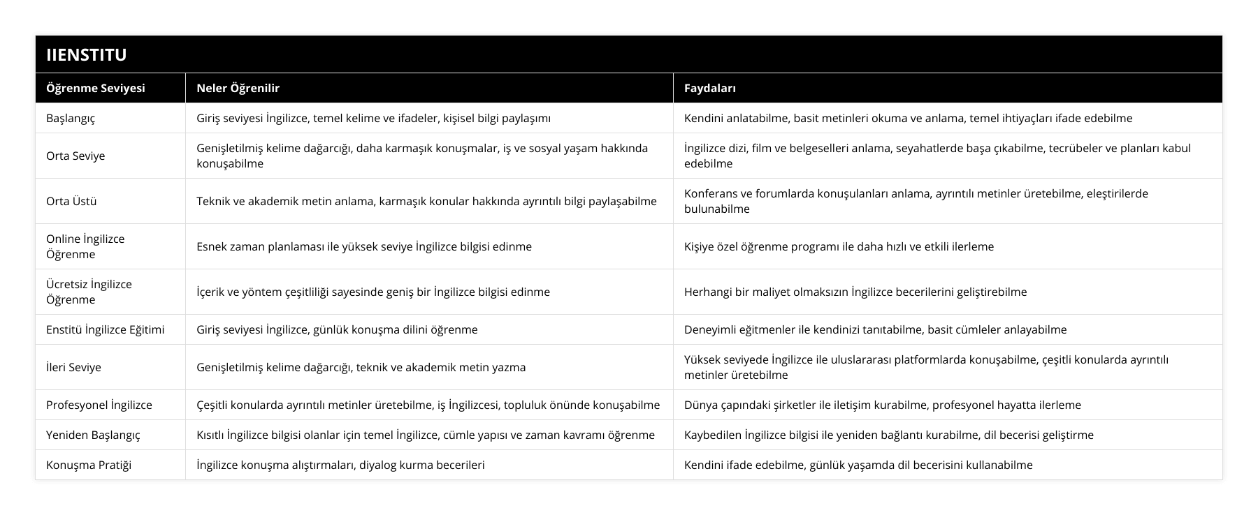 Başlangıç, Giriş seviyesi İngilizce, temel kelime ve ifadeler, kişisel bilgi paylaşımı, Kendini anlatabilme, basit metinleri okuma ve anlama, temel ihtiyaçları ifade edebilme, Orta Seviye, Genişletilmiş kelime dağarcığı, daha karmaşık konuşmalar, iş ve sosyal yaşam hakkında konuşabilme, İngilizce dizi, film ve belgeselleri anlama, seyahatlerde başa çıkabilme, tecrübeler ve planları kabul edebilme, Orta Üstü, Teknik ve akademik metin anlama, karmaşık konular hakkında ayrıntılı bilgi paylaşabilme, Konferans ve forumlarda konuşulanları anlama, ayrıntılı metinler üretebilme, eleştirilerde bulunabilme, Online İngilizce Öğrenme, Esnek zaman planlaması ile yüksek seviye İngilizce bilgisi edinme, Kişiye özel öğrenme programı ile daha hızlı ve etkili ilerleme, Ücretsiz İngilizce Öğrenme, İçerik ve yöntem çeşitliliği sayesinde geniş bir İngilizce bilgisi edinme, Herhangi bir maliyet olmaksızın İngilizce becerilerini geliştirebilme, Enstitü İngilizce Eğitimi, Giriş seviyesi İngilizce, günlük konuşma dilini öğrenme, Deneyimli eğitmenler ile kendinizi tanıtabilme, basit cümleler anlayabilme, İleri Seviye, Genişletilmiş kelime dağarcığı, teknik ve akademik metin yazma, Yüksek seviyede İngilizce ile uluslararası platformlarda konuşabilme, çeşitli konularda ayrıntılı metinler üretebilme, Profesyonel İngilizce, Çeşitli konularda ayrıntılı metinler üretebilme, iş İngilizcesi, topluluk önünde konuşabilme, Dünya çapındaki şirketler ile iletişim kurabilme, profesyonel hayatta ilerleme, Yeniden Başlangıç, Kısıtlı İngilizce bilgisi olanlar için temel İngilizce, cümle yapısı ve zaman kavramı öğrenme, Kaybedilen İngilizce bilgisi ile yeniden bağlantı kurabilme, dil becerisi geliştirme, Konuşma Pratiği, İngilizce konuşma alıştırmaları, diyalog kurma becerileri, Kendini ifade edebilme, günlük yaşamda dil becerisini kullanabilme