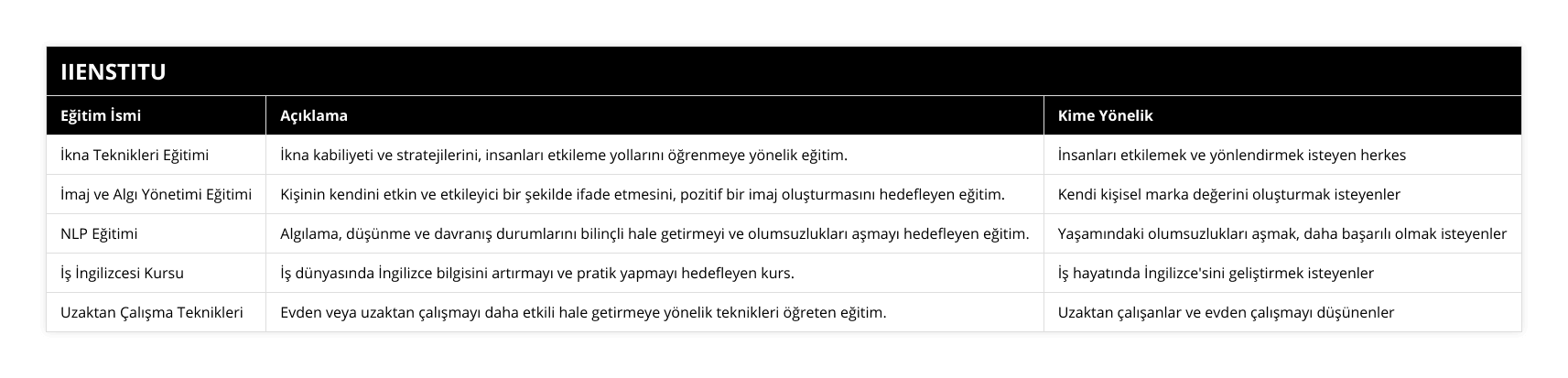 İkna Teknikleri Eğitimi, İkna kabiliyeti ve stratejilerini, insanları etkileme yollarını öğrenmeye yönelik eğitim, İnsanları etkilemek ve yönlendirmek isteyen herkes, İmaj ve Algı Yönetimi Eğitimi, Kişinin kendini etkin ve etkileyici bir şekilde ifade etmesini, pozitif bir imaj oluşturmasını hedefleyen eğitim, Kendi kişisel marka değerini oluşturmak isteyenler, NLP Eğitimi, Algılama, düşünme ve davranış durumlarını bilinçli hale getirmeyi ve olumsuzlukları aşmayı hedefleyen eğitim, Yaşamındaki olumsuzlukları aşmak, daha başarılı olmak isteyenler, İş İngilizcesi Kursu, İş dünyasında İngilizce bilgisini artırmayı ve pratik yapmayı hedefleyen kurs, İş hayatında İngilizce'sini geliştirmek isteyenler, Uzaktan Çalışma Teknikleri, Evden veya uzaktan çalışmayı daha etkili hale getirmeye yönelik teknikleri öğreten eğitim, Uzaktan çalışanlar ve evden çalışmayı düşünenler