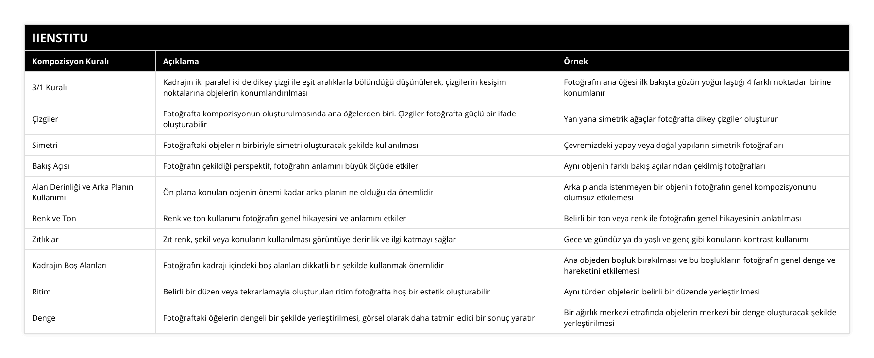 3/1 Kuralı, Kadrajın iki paralel iki de dikey çizgi ile eşit aralıklarla bölündüğü düşünülerek, çizgilerin kesişim noktalarına objelerin konumlandırılması , Fotoğrafın ana öğesi ilk bakışta gözün yoğunlaştığı 4 farklı noktadan birine konumlanır, Çizgiler, Fotoğrafta kompozisyonun oluşturulmasında ana öğelerden biri Çizgiler fotoğrafta güçlü bir ifade oluşturabilir, Yan yana simetrik ağaçlar fotoğrafta dikey çizgiler oluşturur, Simetri, Fotoğraftaki objelerin birbiriyle simetri oluşturacak şekilde kullanılması, Çevremizdeki yapay veya doğal yapıların simetrik fotoğrafları, Bakış Açısı, Fotoğrafın çekildiği perspektif, fotoğrafın anlamını büyük ölçüde etkiler, Aynı objenin farklı bakış açılarından çekilmiş fotoğrafları, Alan Derinliği ve Arka Planın Kullanımı, Ön plana konulan objenin önemi kadar arka planın ne olduğu da önemlidir, Arka planda istenmeyen bir objenin fotoğrafın genel kompozisyonunu olumsuz etkilemesi, Renk ve Ton, Renk ve ton kullanımı fotoğrafın genel hikayesini ve anlamını etkiler, Belirli bir ton veya renk ile fotoğrafın genel hikayesinin anlatılması, Zıtlıklar, Zıt renk, şekil veya konuların kullanılması görüntüye derinlik ve ilgi katmayı sağlar, Gece ve gündüz ya da yaşlı ve genç gibi konuların kontrast kullanımı, Kadrajın Boş Alanları, Fotoğrafın kadrajı içindeki boş alanları dikkatli bir şekilde kullanmak önemlidir, Ana objeden boşluk bırakılması ve bu boşlukların fotoğrafın genel denge ve hareketini etkilemesi, Ritim, Belirli bir düzen veya tekrarlamayla oluşturulan ritim fotoğrafta hoş bir estetik oluşturabilir, Aynı türden objelerin belirli bir düzende yerleştirilmesi, Denge, Fotoğraftaki öğelerin dengeli bir şekilde yerleştirilmesi, görsel olarak daha tatmin edici bir sonuç yaratır, Bir ağırlık merkezi etrafında objelerin merkezi bir denge oluşturacak şekilde yerleştirilmesi