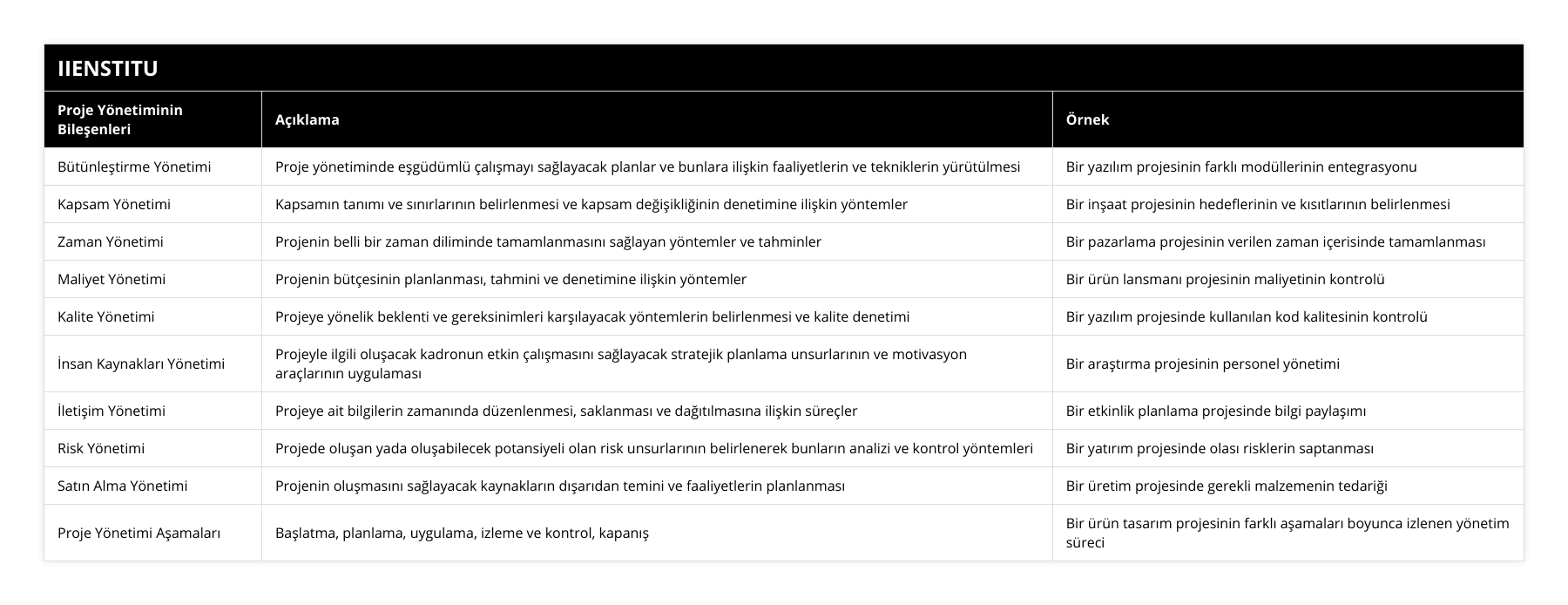 Bütünleştirme Yönetimi, Proje yönetiminde eşgüdümlü çalışmayı sağlayacak planlar ve bunlara ilişkin faaliyetlerin ve tekniklerin yürütülmesi, Bir yazılım projesinin farklı modüllerinin entegrasyonu, Kapsam Yönetimi, Kapsamın tanımı ve sınırlarının belirlenmesi ve kapsam değişikliğinin denetimine ilişkin yöntemler, Bir inşaat projesinin hedeflerinin ve kısıtlarının belirlenmesi, Zaman Yönetimi, Projenin belli bir zaman diliminde tamamlanmasını sağlayan yöntemler ve tahminler, Bir pazarlama projesinin verilen zaman içerisinde tamamlanması, Maliyet Yönetimi, Projenin bütçesinin planlanması, tahmini ve denetimine ilişkin yöntemler, Bir ürün lansmanı projesinin maliyetinin kontrolü, Kalite Yönetimi, Projeye yönelik beklenti ve gereksinimleri karşılayacak yöntemlerin belirlenmesi ve kalite denetimi, Bir yazılım projesinde kullanılan kod kalitesinin kontrolü, İnsan Kaynakları Yönetimi, Projeyle ilgili oluşacak kadronun etkin çalışmasını sağlayacak stratejik planlama unsurlarının ve motivasyon araçlarının uygulaması, Bir araştırma projesinin personel yönetimi, İletişim Yönetimi, Projeye ait bilgilerin zamanında düzenlenmesi, saklanması ve dağıtılmasına ilişkin süreçler, Bir etkinlik planlama projesinde bilgi paylaşımı, Risk Yönetimi, Projede oluşan yada oluşabilecek potansiyeli olan risk unsurlarının belirlenerek bunların analizi ve kontrol yöntemleri, Bir yatırım projesinde olası risklerin saptanması, Satın Alma Yönetimi, Projenin oluşmasını sağlayacak kaynakların dışarıdan temini ve faaliyetlerin planlanması, Bir üretim projesinde gerekli malzemenin tedariği, Proje Yönetimi Aşamaları, Başlatma, planlama, uygulama, izleme ve kontrol, kapanış, Bir ürün tasarım projesinin farklı aşamaları boyunca izlenen yönetim süreci