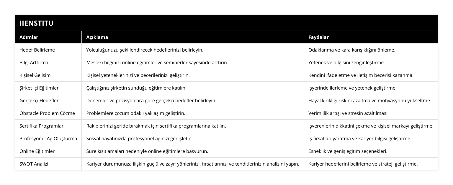Hedef Belirleme, Yolculuğunuzu şekillendirecek hedeflerinizi belirleyin, Odaklanma ve kafa karışıklığını önleme, Bilgi Arttırma, Mesleki bilginizi online eğitimler ve seminerler sayesinde arttırın, Yetenek ve bilgisini zenginleştirme, Kişisel Gelişim, Kişisel yeteneklerinizi ve becerilerinizi geliştirin, Kendini ifade etme ve iletişim becerisi kazanma, Şirket İçi Eğitimler, Çalıştığınız şirketin sunduğu eğitimlere katılın, İşyerinde ilerleme ve yetenek geliştirme, Gerçekçi Hedefler, Dönemler ve pozisyonlara göre gerçekçi hedefler belirleyin, Hayal kırıklığı riskini azaltma ve motivasyonu yükseltme, Obstacle Problem Çözme, Problemlere çözüm odaklı yaklaşım geliştirin, Verimlilik artışı ve stresin azaltılması, Sertifika Programları, Rakiplerinizi geride bırakmak için sertifika programlarına katılın, İşverenlerin dikkatini çekme ve kişisel markayı geliştirme, Profesyonel Ağ Oluşturma, Sosyal hayatınızda profesyonel ağınızı genişletin, İş fırsatları yaratma ve kariyer bilgisi geliştirme, Online Eğitimler, Süre kısıtlamaları nedeniyle online eğitimlere başvurun, Esneklik ve geniş eğitim seçenekleri, SWOT Analizi, Kariyer durumunuza ilişkin güçlü ve zayıf yönlerinizi, fırsatlarınızı ve tehditlerinizin analizini yapın, Kariyer hedeflerini belirleme ve strateji geliştirme