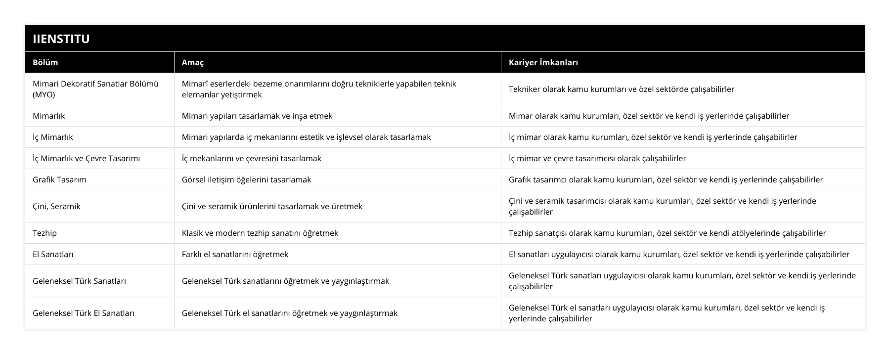Mimari Dekoratif Sanatlar Bölümü (MYO), Mimarî eserlerdeki bezeme onarımlarını doğru tekniklerle yapabilen teknik elemanlar yetiştirmek, Tekniker olarak kamu kurumları ve özel sektörde çalışabilirler, Mimarlık, Mimari yapıları tasarlamak ve inşa etmek, Mimar olarak kamu kurumları, özel sektör ve kendi iş yerlerinde çalışabilirler, İç Mimarlık, Mimari yapılarda iç mekanlarını estetik ve işlevsel olarak tasarlamak, İç mimar olarak kamu kurumları, özel sektör ve kendi iş yerlerinde çalışabilirler, İç Mimarlık ve Çevre Tasarımı, İç mekanlarını ve çevresini tasarlamak, İç mimar ve çevre tasarımcısı olarak çalışabilirler, Grafik Tasarım, Görsel iletişim öğelerini tasarlamak, Grafik tasarımcı olarak kamu kurumları, özel sektör ve kendi iş yerlerinde çalışabilirler, Çini, Seramik, Çini ve seramik ürünlerini tasarlamak ve üretmek, Çini ve seramik tasarımcısı olarak kamu kurumları, özel sektör ve kendi iş yerlerinde çalışabilirler, Tezhip, Klasik ve modern tezhip sanatını öğretmek, Tezhip sanatçısı olarak kamu kurumları, özel sektör ve kendi atölyelerinde çalışabilirler, El Sanatları, Farklı el sanatlarını öğretmek, El sanatları uygulayıcısı olarak kamu kurumları, özel sektör ve kendi iş yerlerinde çalışabilirler, Geleneksel Türk Sanatları, Geleneksel Türk sanatlarını öğretmek ve yaygınlaştırmak, Geleneksel Türk sanatları uygulayıcısı olarak kamu kurumları, özel sektör ve kendi iş yerlerinde çalışabilirler, Geleneksel Türk El Sanatları, Geleneksel Türk el sanatlarını öğretmek ve yaygınlaştırmak, Geleneksel Türk el sanatları uygulayıcısı olarak kamu kurumları, özel sektör ve kendi iş yerlerinde çalışabilirler
