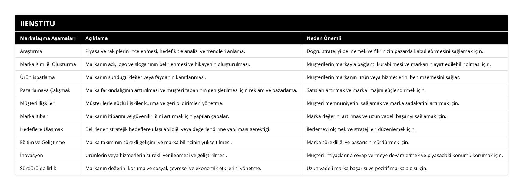 Araştırma, Piyasa ve rakiplerin incelenmesi, hedef kitle analizi ve trendleri anlama, Doğru stratejiyi belirlemek ve fikrinizin pazarda kabul görmesini sağlamak için, Marka Kimliği Oluşturma, Markanın adı, logo ve sloganının belirlenmesi ve hikayenin oluşturulması, Müşterilerin markayla bağlantı kurabilmesi ve markanın ayırt edilebilir olması için, Ürün ispatlama, Markanın sunduğu değer veya faydanın kanıtlanması, Müşterilerin markanın ürün veya hizmetlerini benimsemesini sağlar, Pazarlamaya Çalışmak, Marka farkındalığının arttırılması ve müşteri tabanının genişletilmesi için reklam ve pazarlama, Satışları artırmak ve marka imajını güçlendirmek için, Müşteri İlişkileri, Müşterilerle güçlü ilişkiler kurma ve geri bildirimleri yönetme, Müşteri memnuniyetini sağlamak ve marka sadakatini artırmak için, Marka İtibarı, Markanın itibarını ve güvenilirliğini artırmak için yapılan çabalar, Marka değerini artırmak ve uzun vadeli başarıyı sağlamak için, Hedeflere Ulaşmak, Belirlenen stratejik hedeflere ulaşılabildiği veya değerlendirme yapılması gerektiği, İlerlemeyi ölçmek ve stratejileri düzenlemek için, Eğitim ve Geliştirme, Marka takımının sürekli gelişimi ve marka bilincinin yükseltilmesi, Marka sürekliliği ve başarısını sürdürmek için, İnovasyon, Ürünlerin veya hizmetlerin sürekli yenilenmesi ve geliştirilmesi, Müşteri ihtiyaçlarına cevap vermeye devam etmek ve piyasadaki konumu korumak için, Sürdürülebilirlik, Markanın değerini koruma ve sosyal, çevresel ve ekonomik etkilerini yönetme, Uzun vadeli marka başarısı ve pozitif marka algısı için