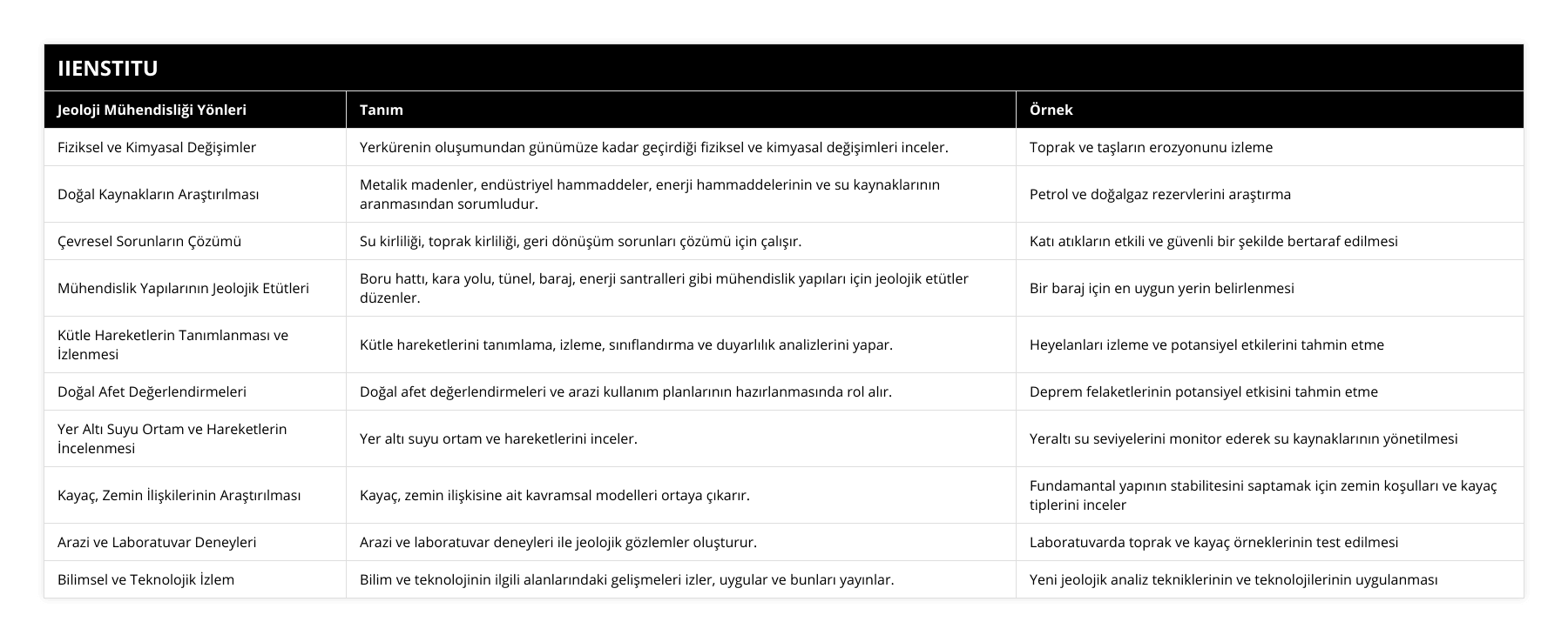 Fiziksel ve Kimyasal Değişimler, Yerkürenin oluşumundan günümüze kadar geçirdiği fiziksel ve kimyasal değişimleri inceler, Toprak ve taşların erozyonunu izleme, Doğal Kaynakların Araştırılması, Metalik madenler, endüstriyel hammaddeler, enerji hammaddelerinin ve su kaynaklarının aranmasından sorumludur, Petrol ve doğalgaz rezervlerini araştırma, Çevresel Sorunların Çözümü, Su kirliliği, toprak kirliliği, geri dönüşüm sorunları çözümü için çalışır, Katı atıkların etkili ve güvenli bir şekilde bertaraf edilmesi, Mühendislik Yapılarının Jeolojik Etütleri, Boru hattı, kara yolu, tünel, baraj, enerji santralleri gibi mühendislik yapıları için jeolojik etütler düzenler, Bir baraj için en uygun yerin belirlenmesi, Kütle Hareketlerin Tanımlanması ve İzlenmesi, Kütle hareketlerini tanımlama, izleme, sınıflandırma ve duyarlılık analizlerini yapar, Heyelanları izleme ve potansiyel etkilerini tahmin etme, Doğal Afet Değerlendirmeleri, Doğal afet değerlendirmeleri ve arazi kullanım planlarının hazırlanmasında rol alır, Deprem felaketlerinin potansiyel etkisini tahmin etme, Yer Altı Suyu Ortam ve Hareketlerin İncelenmesi, Yer altı suyu ortam ve hareketlerini inceler, Yeraltı su seviyelerini monitor ederek su kaynaklarının yönetilmesi, Kayaç, Zemin İlişkilerinin Araştırılması, Kayaç, zemin ilişkisine ait kavramsal modelleri ortaya çıkarır, Fundamantal yapının stabilitesini saptamak için zemin koşulları ve kayaç tiplerini inceler, Arazi ve Laboratuvar Deneyleri, Arazi ve laboratuvar deneyleri ile jeolojik gözlemler oluşturur, Laboratuvarda toprak ve kayaç örneklerinin test edilmesi, Bilimsel ve Teknolojik İzlem, Bilim ve teknolojinin ilgili alanlarındaki gelişmeleri izler, uygular ve bunları yayınlar, Yeni jeolojik analiz tekniklerinin ve teknolojilerinin uygulanması
