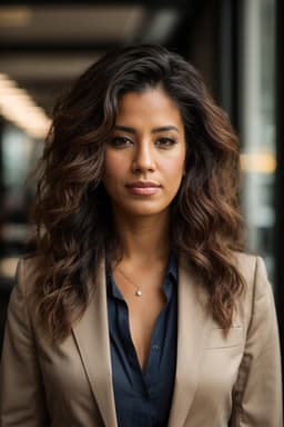 a young woman in a tan suit looks at the camera, in the style of multicultural fusion, 8k resolution, candid portraiture, whistlerian, handsome, dark navy and silver, wavy