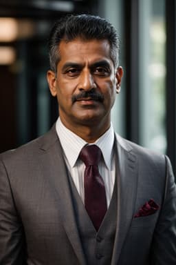 a man in a suit and tie in front of an office, in the style of light maroon and dark indigo, object portraiture specialist, prateep kochabua, focus on joints/connections, dark silver and gold, strong facial expression, mixed patterns