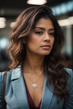a woman in a blue suit standing at an airport, in the style of sterling silver highlights, 32k uhd, indian pop culture, selective focus, ue5, spirals, brown