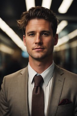 a man in a suit looks straight ahead, in the style of joel robison, light brown, working-class empathy, uhd image, thomas benjamin kennington, close-up intensity, non-representational