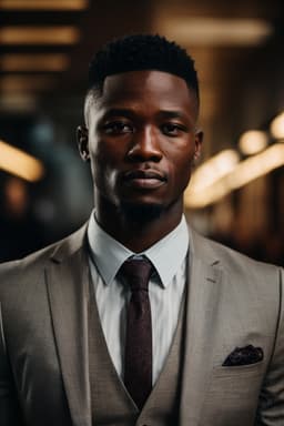 a black man in a suit, in the style of muted earth tones, sharp focus, contrasting lights and darks, dotted, hard-edge style, deceptive, urban edge