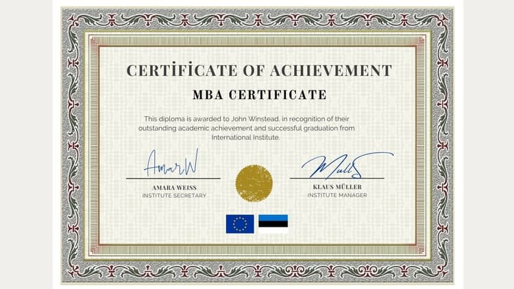 Example of a mini MBA certificate. It bears the signature of the director of the institute.