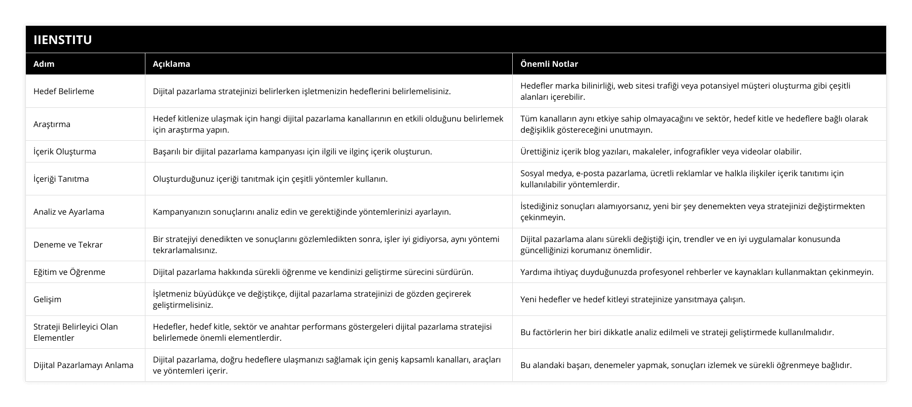 Hedef Belirleme, Dijital pazarlama stratejinizi belirlerken işletmenizin hedeflerini belirlemelisiniz, Hedefler marka bilinirliği, web sitesi trafiği veya potansiyel müşteri oluşturma gibi çeşitli alanları içerebilir, Araştırma, Hedef kitlenize ulaşmak için hangi dijital pazarlama kanallarının en etkili olduğunu belirlemek için araştırma yapın, Tüm kanalların aynı etkiye sahip olmayacağını ve sektör, hedef kitle ve hedeflere bağlı olarak değişiklik göstereceğini unutmayın, İçerik Oluşturma, Başarılı bir dijital pazarlama kampanyası için ilgili ve ilginç içerik oluşturun, Ürettiğiniz içerik blog yazıları, makaleler, infografikler veya videolar olabilir, İçeriği Tanıtma, Oluşturduğunuz içeriği tanıtmak için çeşitli yöntemler kullanın, Sosyal medya, e-posta pazarlama, ücretli reklamlar ve halkla ilişkiler içerik tanıtımı için kullanılabilir yöntemlerdir, Analiz ve Ayarlama, Kampanyanızın sonuçlarını analiz edin ve gerektiğinde yöntemlerinizi ayarlayın, İstediğiniz sonuçları alamıyorsanız, yeni bir şey denemekten veya stratejinizi değiştirmekten çekinmeyin, Deneme ve Tekrar, Bir stratejiyi denedikten ve sonuçlarını gözlemledikten sonra, işler iyi gidiyorsa, aynı yöntemi tekrarlamalısınız, Dijital pazarlama alanı sürekli değiştiği için, trendler ve en iyi uygulamalar konusunda güncelliğinizi korumanız önemlidir, Eğitim ve Öğrenme, Dijital pazarlama hakkında sürekli öğrenme ve kendinizi geliştirme sürecini sürdürün, Yardıma ihtiyaç duyduğunuzda profesyonel rehberler ve kaynakları kullanmaktan çekinmeyin, Gelişim, İşletmeniz büyüdükçe ve değiştikçe, dijital pazarlama stratejinizi de gözden geçirerek geliştirmelisiniz, Yeni hedefler ve hedef kitleyi stratejinize yansıtmaya çalışın, Strateji Belirleyici Olan Elementler, Hedefler, hedef kitle, sektör ve anahtar performans göstergeleri dijital pazarlama stratejisi belirlemede önemli elementlerdir, Bu factörlerin her biri dikkatle analiz edilmeli ve strateji geliştirmede kullanılmalıdır, Dijital Pazarlamayı Anlama, Dijital pazarlama, doğru hedeflere ulaşmanızı sağlamak için geniş kapsamlı kanalları, araçları ve yöntemleri içerir, Bu alandaki başarı, denemeler yapmak, sonuçları izlemek ve sürekli öğrenmeye bağlıdır