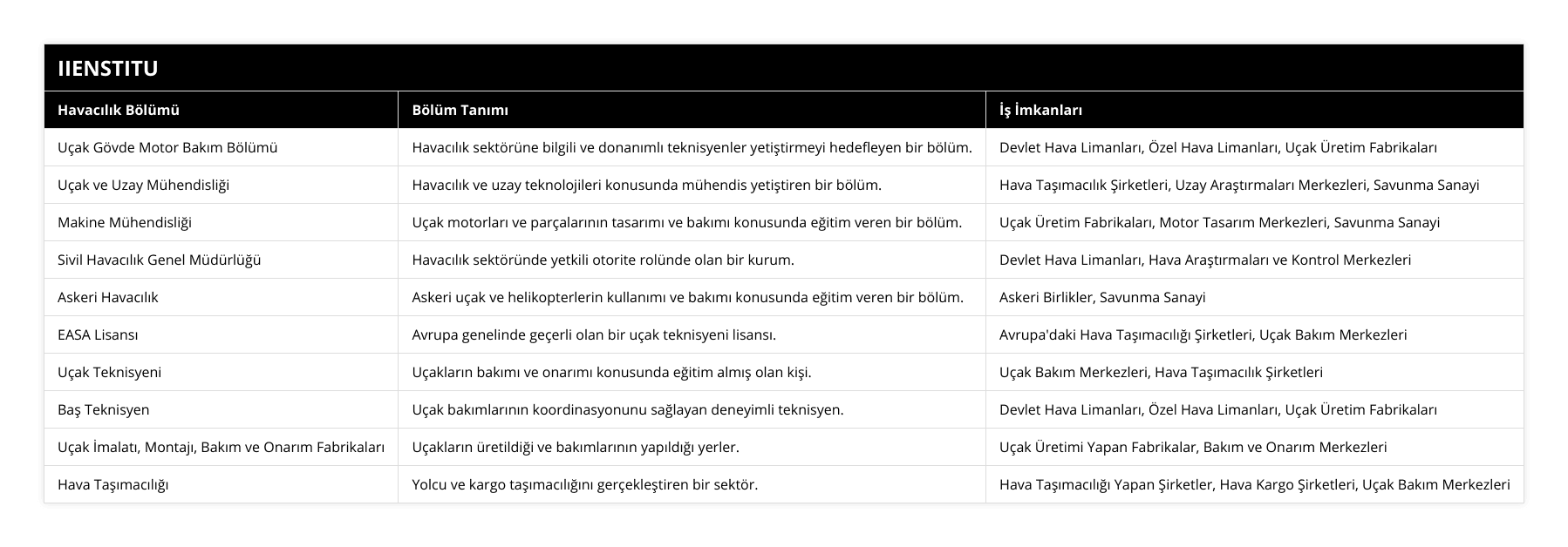 Uçak Gövde Motor Bakım Bölümü, Havacılık sektörüne bilgili ve donanımlı teknisyenler yetiştirmeyi hedefleyen bir bölüm, Devlet Hava Limanları, Özel Hava Limanları, Uçak Üretim Fabrikaları, Uçak ve Uzay Mühendisliği, Havacılık ve uzay teknolojileri konusunda mühendis yetiştiren bir bölüm, Hava Taşımacılık Şirketleri, Uzay Araştırmaları Merkezleri, Savunma Sanayi, Makine Mühendisliği, Uçak motorları ve parçalarının tasarımı ve bakımı konusunda eğitim veren bir bölüm, Uçak Üretim Fabrikaları, Motor Tasarım Merkezleri, Savunma Sanayi, Sivil Havacılık Genel Müdürlüğü, Havacılık sektöründe yetkili otorite rolünde olan bir kurum, Devlet Hava Limanları, Hava Araştırmaları ve Kontrol Merkezleri, Askeri Havacılık, Askeri uçak ve helikopterlerin kullanımı ve bakımı konusunda eğitim veren bir bölüm, Askeri Birlikler, Savunma Sanayi, EASA Lisansı, Avrupa genelinde geçerli olan bir uçak teknisyeni lisansı, Avrupa'daki Hava Taşımacılığı Şirketleri, Uçak Bakım Merkezleri, Uçak Teknisyeni, Uçakların bakımı ve onarımı konusunda eğitim almış olan kişi, Uçak Bakım Merkezleri, Hava Taşımacılık Şirketleri, Baş Teknisyen, Uçak bakımlarının koordinasyonunu sağlayan deneyimli teknisyen, Devlet Hava Limanları, Özel Hava Limanları, Uçak Üretim Fabrikaları, Uçak İmalatı, Montajı, Bakım ve Onarım Fabrikaları, Uçakların üretildiği ve bakımlarının yapıldığı yerler, Uçak Üretimi Yapan Fabrikalar, Bakım ve Onarım Merkezleri, Hava Taşımacılığı, Yolcu ve kargo taşımacılığını gerçekleştiren bir sektör, Hava Taşımacılığı Yapan Şirketler, Hava Kargo Şirketleri, Uçak Bakım Merkezleri