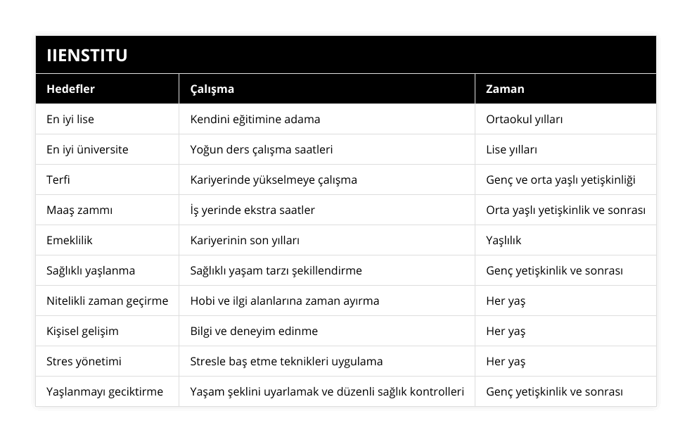 En iyi lise, Kendini eğitimine adama, Ortaokul yılları, En iyi üniversite, Yoğun ders çalışma saatleri, Lise yılları, Terfi, Kariyerinde yükselmeye çalışma, Genç ve orta yaşlı yetişkinliği, Maaş zammı, İş yerinde ekstra saatler, Orta yaşlı yetişkinlik ve sonrası, Emeklilik, Kariyerinin son yılları, Yaşlılık, Sağlıklı yaşlanma, Sağlıklı yaşam tarzı şekillendirme, Genç yetişkinlik ve sonrası, Nitelikli zaman geçirme, Hobi ve ilgi alanlarına zaman ayırma, Her yaş, Kişisel gelişim, Bilgi ve deneyim edinme, Her yaş, Stres yönetimi, Stresle baş etme teknikleri uygulama, Her yaş, Yaşlanmayı geciktirme, Yaşam şeklini uyarlamak ve düzenli sağlık kontrolleri, Genç yetişkinlik ve sonrası