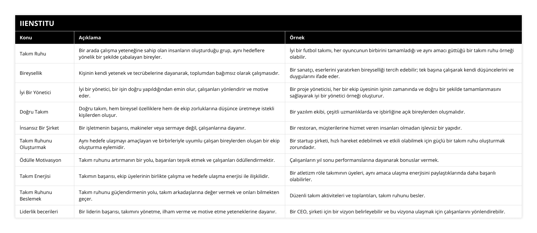 Takım Ruhu, Bir arada çalışma yeteneğine sahip olan insanların oluşturduğu grup, aynı hedeflere yönelik bir şekilde çabalayan bireyler, İyi bir futbol takımı, her oyuncunun birbirini tamamladığı ve aynı amacı güttüğü bir takım ruhu örneği olabilir, Bireysellik, Kişinin kendi yetenek ve tecrübelerine dayanarak, toplumdan bağımsız olarak çalışmasıdır, Bir sanatçı, eserlerini yaratırken bireyselliği tercih edebilir; tek başına çalışarak kendi düşüncelerini ve duygularını ifade eder, İyi Bir Yönetici, İyi bir yönetici, bir işin doğru yapıldığından emin olur, çalışanları yönlendirir ve motive eder, Bir proje yöneticisi, her bir ekip üyesinin işinin zamanında ve doğru bir şekilde tamamlanmasını sağlayarak iyi bir yönetici örneği oluşturur, Doğru Takım, Doğru takım, hem bireysel özelliklere hem de ekip zorluklarına düşünce üretmeye istekli kişilerden oluşur, Bir yazılım ekibi, çeşitli uzmanlıklarda ve işbirliğine açık bireylerden oluşmalıdır, İnsansız Bir Şirket, Bir işletmenin başarısı, makineler veya sermaye değil, çalışanlarına dayanır, Bir restoran, müşterilerine hizmet veren insanları olmadan işlevsiz bir yapıdır, Takım Ruhunu Oluşturmak, Aynı hedefe ulaşmayı amaçlayan ve birbirleriyle uyumlu çalışan bireylerden oluşan bir ekip oluşturma eylemidir, Bir startup şirketi, hızlı hareket edebilmek ve etkili olabilmek için güçlü bir takım ruhu oluşturmak zorundadır, Ödülle Motivasyon, Takım ruhunu artırmanın bir yolu, başarıları teşvik etmek ve çalışanları ödüllendirmektir, Çalışanların yıl sonu performanslarına dayanarak bonuslar vermek, Takım Enerjisi, Takımın başarısı, ekip üyelerinin birlikte çalışma ve hedefe ulaşma enerjisi ile ilişkilidir,  Bir atletizm röle takımının üyeleri, aynı amaca ulaşma enerjisini paylaştıklarında daha başarılı olabilirler, Takım Ruhunu Beslemek, Takım ruhunu güçlendirmenin yolu, takım arkadaşlarına değer vermek ve onları bilmekten geçer, Düzenli takım aktiviteleri ve toplantıları, takım ruhunu besler, Liderlik becerileri, Bir liderin başarısı, takımını yönetme, ilham verme ve motive etme yeteneklerine dayanır, Bir CEO, şirketi için bir vizyon belirleyebilir ve bu vizyona ulaşmak için çalışanlarını yönlendirebilir