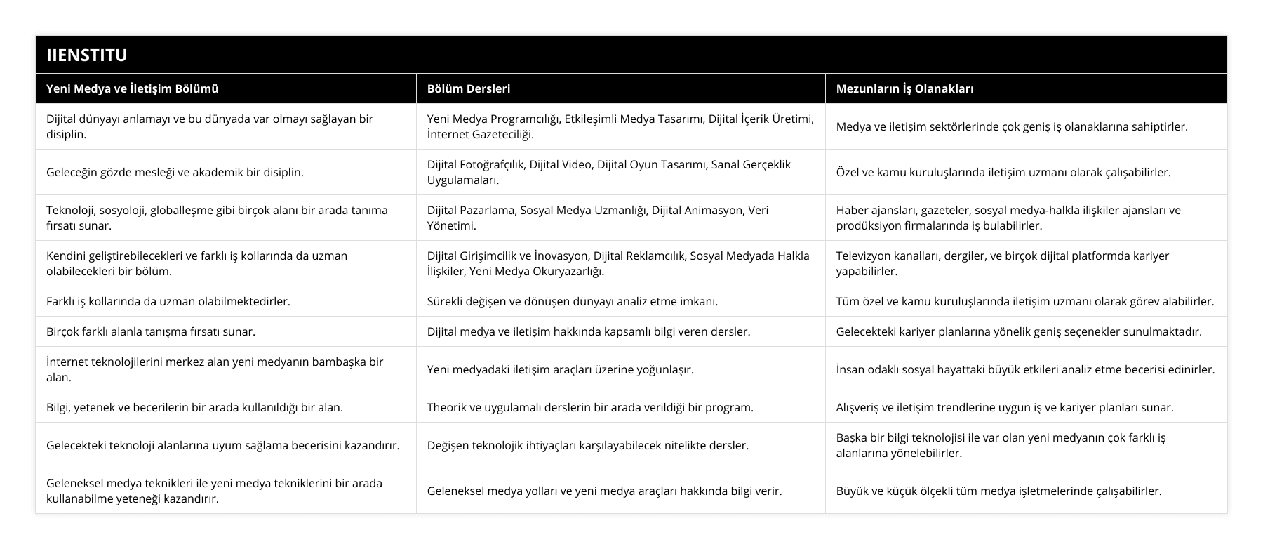 Dijital dünyayı anlamayı ve bu dünyada var olmayı sağlayan bir disiplin, Yeni Medya Programcılığı, Etkileşimli Medya Tasarımı, Dijital İçerik Üretimi, İnternet Gazeteciliği, Medya ve iletişim sektörlerinde çok geniş iş olanaklarına sahiptirler, Geleceğin gözde mesleği ve akademik bir disiplin, Dijital Fotoğrafçılık, Dijital Video, Dijital Oyun Tasarımı, Sanal Gerçeklik Uygulamaları, Özel ve kamu kuruluşlarında iletişim uzmanı olarak çalışabilirler, Teknoloji, sosyoloji, globalleşme gibi birçok alanı bir arada tanıma fırsatı sunar, Dijital Pazarlama, Sosyal Medya Uzmanlığı, Dijital Animasyon, Veri Yönetimi, Haber ajansları, gazeteler, sosyal medya-halkla ilişkiler ajansları ve prodüksiyon firmalarında iş bulabilirler, Kendini geliştirebilecekleri ve farklı iş kollarında da uzman olabilecekleri bir bölüm, Dijital Girişimcilik ve İnovasyon, Dijital Reklamcılık, Sosyal Medyada Halkla İlişkiler, Yeni Medya Okuryazarlığı, Televizyon kanalları, dergiler, ve birçok dijital platformda kariyer yapabilirler, Farklı iş kollarında da uzman olabilmektedirler, Sürekli değişen ve dönüşen dünyayı analiz etme imkanı, Tüm özel ve kamu kuruluşlarında iletişim uzmanı olarak görev alabilirler, Birçok farklı alanla tanışma fırsatı sunar, Dijital medya ve iletişim hakkında kapsamlı bilgi veren dersler, Gelecekteki kariyer planlarına yönelik geniş seçenekler sunulmaktadır, İnternet teknolojilerini merkez alan yeni medyanın bambaşka bir alan, Yeni medyadaki iletişim araçları üzerine yoğunlaşır, İnsan odaklı sosyal hayattaki büyük etkileri analiz etme becerisi edinirler, Bilgi, yetenek ve becerilerin bir arada kullanıldığı bir alan, Theorik ve uygulamalı derslerin bir arada verildiği bir program, Alışveriş ve iletişim trendlerine uygun iş ve kariyer planları sunar, Gelecekteki teknoloji alanlarına uyum sağlama becerisini kazandırır, Değişen teknolojik ihtiyaçları karşılayabilecek nitelikte dersler, Başka bir bilgi teknolojisi ile var olan yeni medyanın çok farklı iş alanlarına yönelebilirler, Geleneksel medya teknikleri ile yeni medya tekniklerini bir arada kullanabilme yeteneği kazandırır, Geleneksel medya yolları ve yeni medya araçları hakkında bilgi verir, Büyük ve küçük ölçekli tüm medya işletmelerinde çalışabilirler