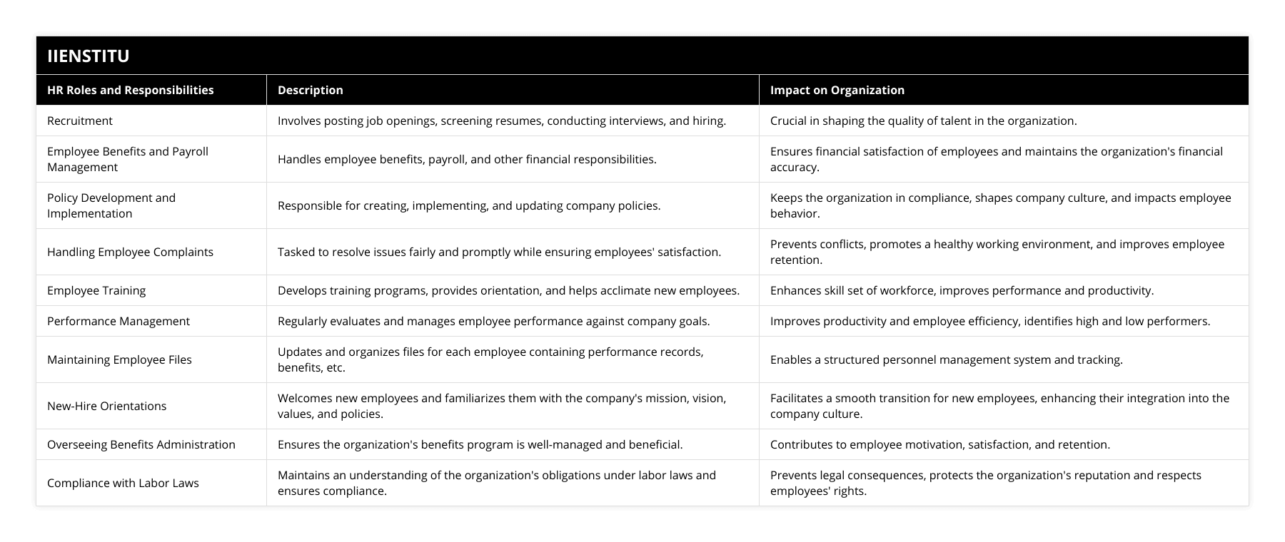 Recruitment, Involves posting job openings, screening resumes, conducting interviews, and hiring, Crucial in shaping the quality of talent in the organization, Employee Benefits and Payroll Management, Handles employee benefits, payroll, and other financial responsibilities, Ensures financial satisfaction of employees and maintains the organization's financial accuracy, Policy Development and Implementation, Responsible for creating, implementing, and updating company policies, Keeps the organization in compliance, shapes company culture, and impacts employee behavior, Handling Employee Complaints, Tasked to resolve issues fairly and promptly while ensuring employees' satisfaction, Prevents conflicts, promotes a healthy working environment, and improves employee retention, Employee Training, Develops training programs, provides orientation, and helps acclimate new employees, Enhances skill set of workforce, improves performance and productivity, Performance Management, Regularly evaluates and manages employee performance against company goals, Improves productivity and employee efficiency, identifies high and low performers, Maintaining Employee Files, Updates and organizes files for each employee containing performance records, benefits, etc, Enables a structured personnel management system and tracking, New-Hire Orientations, Welcomes new employees and familiarizes them with the company's mission, vision, values, and policies, Facilitates a smooth transition for new employees, enhancing their integration into the company culture, Overseeing Benefits Administration, Ensures the organization's benefits program is well-managed and beneficial, Contributes to employee motivation, satisfaction, and retention, Compliance with Labor Laws, Maintains an understanding of the organization's obligations under labor laws and ensures compliance, Prevents legal consequences, protects the organization's reputation and respects employees' rights