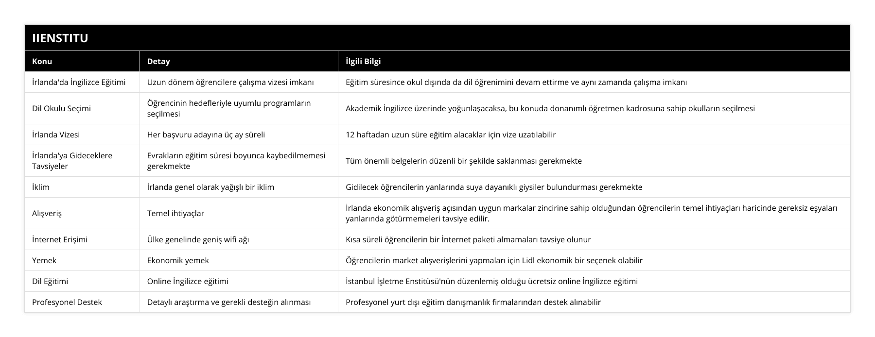 İrlanda'da İngilizce Eğitimi, Uzun dönem öğrencilere çalışma vizesi imkanı, Eğitim süresince okul dışında da dil öğrenimini devam ettirme ve aynı zamanda çalışma imkanı, Dil Okulu Seçimi, Öğrencinin hedefleriyle uyumlu programların seçilmesi, Akademik İngilizce üzerinde yoğunlaşacaksa, bu konuda donanımlı öğretmen kadrosuna sahip okulların seçilmesi, İrlanda Vizesi, Her başvuru adayına üç ay süreli, 12 haftadan uzun süre eğitim alacaklar için vize uzatılabilir, İrlanda'ya Gideceklere Tavsiyeler, Evrakların eğitim süresi boyunca kaybedilmemesi gerekmekte, Tüm önemli belgelerin düzenli bir şekilde saklanması gerekmekte, İklim, İrlanda genel olarak yağışlı bir iklim, Gidilecek öğrencilerin yanlarında suya dayanıklı giysiler bulundurması gerekmekte, Alışveriş, Temel ihtiyaçlar, İrlanda ekonomik alışveriş açısından uygun markalar zincirine sahip olduğundan öğrencilerin temel ihtiyaçları haricinde gereksiz eşyaları yanlarında götürmemeleri tavsiye edilir, İnternet Erişimi, Ülke genelinde geniş wifi ağı, Kısa süreli öğrencilerin bir İnternet paketi almamaları tavsiye olunur, Yemek, Ekonomik yemek, Öğrencilerin market alışverişlerini yapmaları için Lidl ekonomik bir seçenek olabilir, Dil Eğitimi, Online İngilizce eğitimi, İstanbul İşletme Enstitüsü'nün düzenlemiş olduğu ücretsiz online İngilizce eğitimi, Profesyonel Destek, Detaylı araştırma ve gerekli desteğin alınması, Profesyonel yurt dışı eğitim danışmanlık firmalarından destek alınabilir