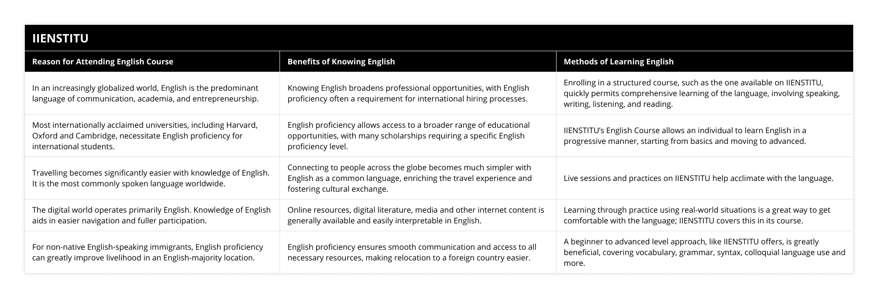 In an increasingly globalized world, English is the predominant language of communication, academia, and entrepreneurship, Knowing English broadens professional opportunities, with English proficiency often a requirement for international hiring processes, Enrolling in a structured course, such as the one available on IIENSTITU, quickly permits comprehensive learning of the language, involving speaking, writing, listening, and reading, Most internationally acclaimed universities, including Harvard, Oxford and Cambridge, necessitate English proficiency for international students, English proficiency allows access to a broader range of educational opportunities, with many scholarships requiring a specific English proficiency level, IIENSTITU’s English Course allows an individual to learn English in a progressive manner, starting from basics and moving to advanced, Travelling becomes significantly easier with knowledge of English It is the most commonly spoken language worldwide, Connecting to people across the globe becomes much simpler with English as a common language, enriching the travel experience and fostering cultural exchange, Live sessions and practices on IIENSTITU help acclimate with the language, The digital world operates primarily English Knowledge of English aids in easier navigation and fuller participation, Online resources, digital literature, media and other internet content is generally available and easily interpretable in English, Learning through practice using real-world situations is a great way to get comfortable with the language; IIENSTITU covers this in its course, For non-native English-speaking immigrants, English proficiency can greatly improve livelihood in an English-majority location, English proficiency ensures smooth communication and access to all necessary resources, making relocation to a foreign country easier, A beginner to advanced level approach, like IIENSTITU offers, is greatly beneficial, covering vocabulary, grammar, syntax, colloquial language use and more