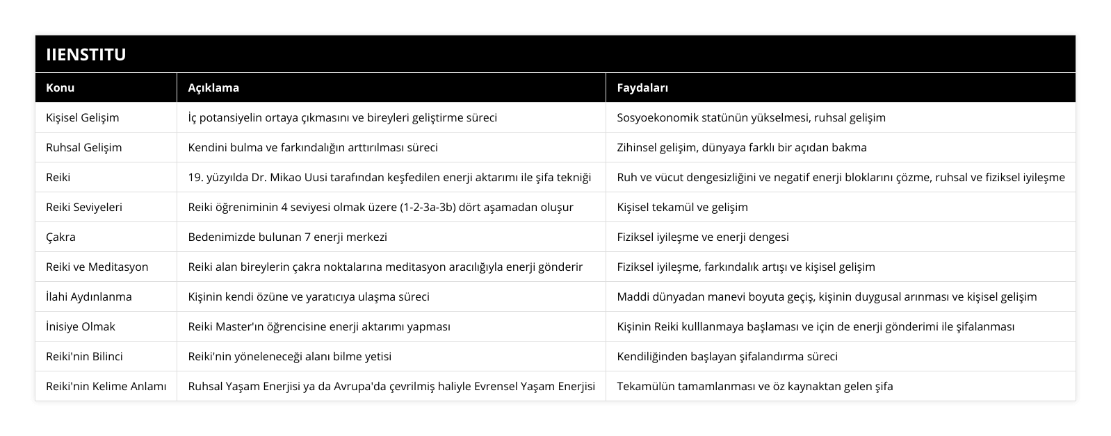 Kişisel Gelişim, İç potansiyelin ortaya çıkmasını ve bireyleri geliştirme süreci, Sosyoekonomik statünün yükselmesi, ruhsal gelişim, Ruhsal Gelişim, Kendini bulma ve farkındalığın arttırılması süreci, Zihinsel gelişim, dünyaya farklı bir açıdan bakma, Reiki, 19 yüzyılda Dr Mikao Uusi tarafından keşfedilen enerji aktarımı ile şifa tekniği, Ruh ve vücut dengesizliğini ve negatif enerji bloklarını çözme, ruhsal ve fiziksel iyileşme, Reiki Seviyeleri, Reiki öğreniminin 4 seviyesi olmak üzere (1-2-3a-3b) dört aşamadan oluşur, Kişisel tekamül ve gelişim, Çakra, Bedenimizde bulunan 7 enerji merkezi, Fiziksel iyileşme ve enerji dengesi, Reiki ve Meditasyon, Reiki alan bireylerin çakra noktalarına meditasyon aracılığıyla enerji gönderir, Fiziksel iyileşme, farkındalık artışı ve kişisel gelişim, İlahi Aydınlanma, Kişinin kendi özüne ve yaratıcıya ulaşma süreci, Maddi dünyadan manevi boyuta geçiş, kişinin duygusal arınması ve kişisel gelişim, İnisiye Olmak, Reiki Master'ın öğrencisine enerji aktarımı yapması, Kişinin Reiki kulllanmaya başlaması ve için de enerji gönderimi ile şifalanması, Reiki'nin Bilinci, Reiki'nin yöneleneceği alanı bilme yetisi, Kendiliğinden başlayan şifalandırma süreci, Reiki'nin Kelime Anlamı, Ruhsal Yaşam Enerjisi ya da Avrupa'da çevrilmiş haliyle Evrensel Yaşam Enerjisi, Tekamülün tamamlanması ve öz kaynaktan gelen şifa
