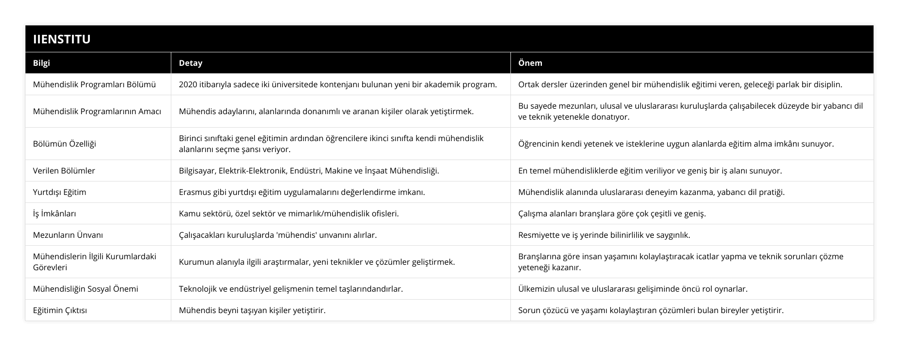 Mühendislik Programları Bölümü, 2020 itibarıyla sadece iki üniversitede kontenjanı bulunan yeni bir akademik program, Ortak dersler üzerinden genel bir mühendislik eğitimi veren, geleceği parlak bir disiplin, Mühendislik Programlarının Amacı, Mühendis adaylarını, alanlarında donanımlı ve aranan kişiler olarak yetiştirmek, Bu sayede mezunları, ulusal ve uluslararası kuruluşlarda çalışabilecek düzeyde bir yabancı dil ve teknik yetenekle donatıyor, Bölümün Özelliği, Birinci sınıftaki genel eğitimin ardından öğrencilere ikinci sınıfta kendi mühendislik alanlarını seçme şansı veriyor, Öğrencinin kendi yetenek ve isteklerine uygun alanlarda eğitim alma imkânı sunuyor, Verilen Bölümler, Bilgisayar, Elektrik-Elektronik, Endüstri, Makine ve İnşaat Mühendisliği, En temel mühendisliklerde eğitim veriliyor ve geniş bir iş alanı sunuyor, Yurtdışı Eğitim, Erasmus gibi yurtdışı eğitim uygulamalarını değerlendirme imkanı, Mühendislik alanında uluslararası deneyim kazanma, yabancı dil pratiği, İş İmkânları, Kamu sektörü, özel sektör ve mimarlık/mühendislik ofisleri, Çalışma alanları branşlara göre çok çeşitli ve geniş, Mezunların Ünvanı, Çalışacakları kuruluşlarda 'mühendis' unvanını alırlar, Resmiyette ve iş yerinde bilinirlilik ve saygınlık, Mühendislerin İlgili Kurumlardaki Görevleri, Kurumun alanıyla ilgili araştırmalar, yeni teknikler ve çözümler geliştirmek, Branşlarına göre insan yaşamını kolaylaştıracak icatlar yapma ve teknik sorunları çözme yeteneği kazanır, Mühendisliğin Sosyal Önemi, Teknolojik ve endüstriyel gelişmenin temel taşlarındandırlar, Ülkemizin ulusal ve uluslararası gelişiminde öncü rol oynarlar, Eğitimin Çıktısı, Mühendis beyni taşıyan kişiler yetiştirir, Sorun çözücü ve yaşamı kolaylaştıran çözümleri bulan bireyler yetiştirir