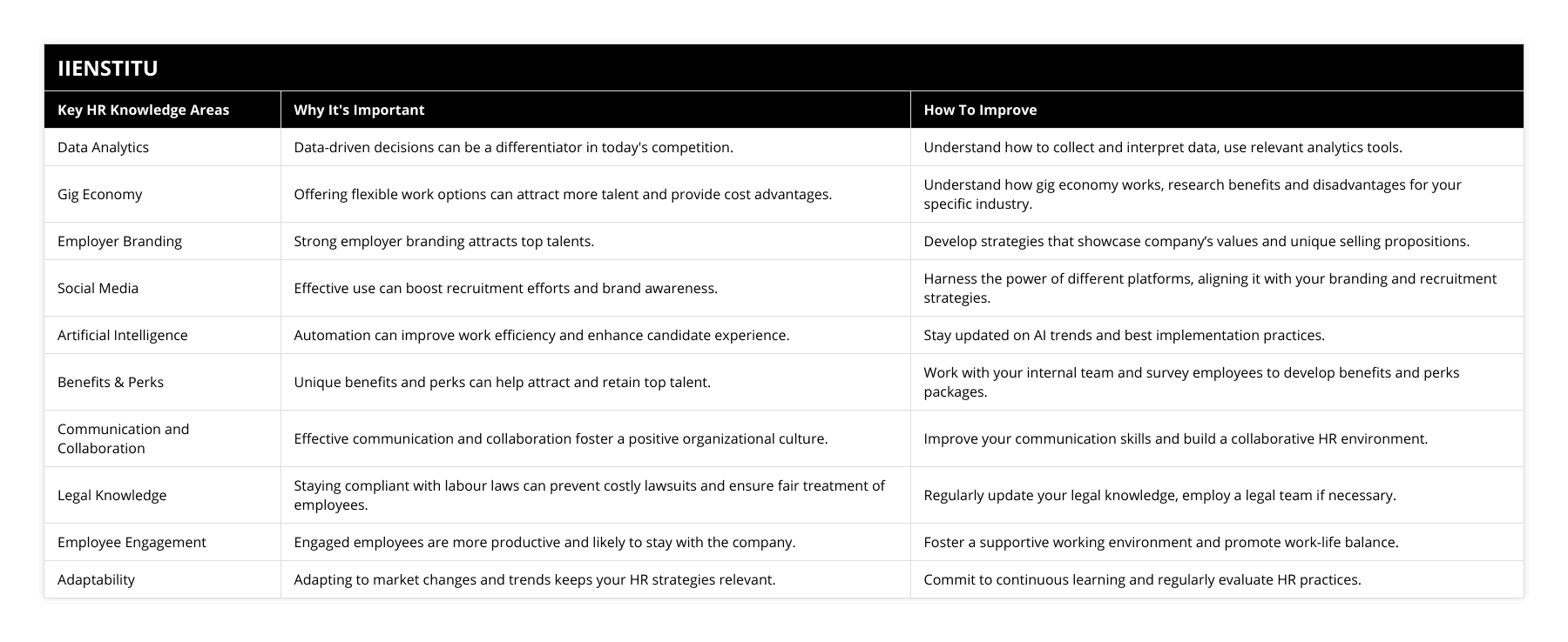 Data Analytics, Data-driven decisions can be a differentiator in today's competition, Understand how to collect and interpret data, use relevant analytics tools, Gig Economy, Offering flexible work options can attract more talent and provide cost advantages, Understand how gig economy works, research benefits and disadvantages for your specific industry, Employer Branding, Strong employer branding attracts top talents, Develop strategies that showcase company’s values and unique selling propositions, Social Media, Effective use can boost recruitment efforts and brand awareness, Harness the power of different platforms, aligning it with your branding and recruitment strategies, Artificial Intelligence, Automation can improve work efficiency and enhance candidate experience, Stay updated on AI trends and best implementation practices, Benefits & Perks, Unique benefits and perks can help attract and retain top talent, Work with your internal team and survey employees to develop benefits and perks packages, Communication and Collaboration, Effective communication and collaboration foster a positive organizational culture, Improve your communication skills and build a collaborative HR environment, Legal Knowledge, Staying compliant with labour laws can prevent costly lawsuits and ensure fair treatment of employees, Regularly update your legal knowledge, employ a legal team if necessary, Employee Engagement, Engaged employees are more productive and likely to stay with the company, Foster a supportive working environment and promote work-life balance, Adaptability, Adapting to market changes and trends keeps your HR strategies relevant, Commit to continuous learning and regularly evaluate HR practices