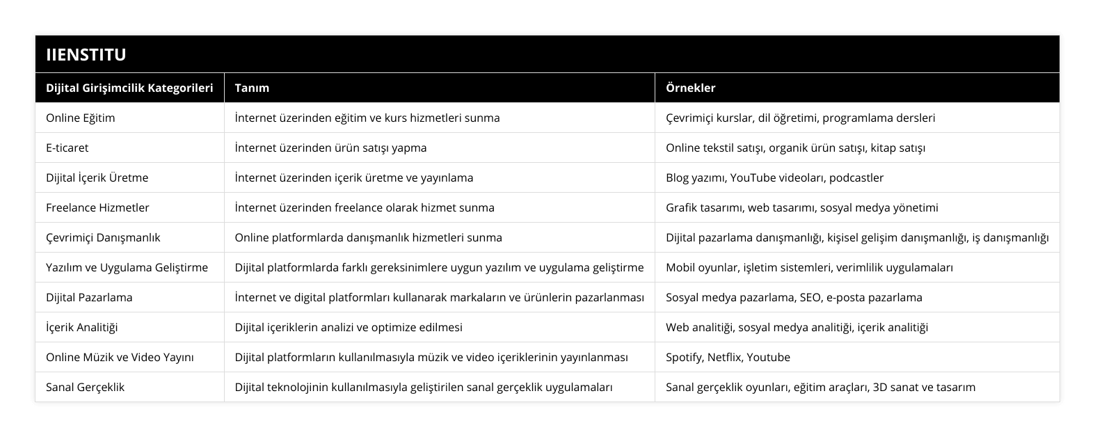 Online Eğitim, İnternet üzerinden eğitim ve kurs hizmetleri sunma, Çevrimiçi kurslar, dil öğretimi, programlama dersleri, E-ticaret, İnternet üzerinden ürün satışı yapma, Online tekstil satışı, organik ürün satışı, kitap satışı, Dijital İçerik Üretme, İnternet üzerinden içerik üretme ve yayınlama, Blog yazımı, YouTube videoları, podcastler, Freelance Hizmetler, İnternet üzerinden freelance olarak hizmet sunma, Grafik tasarımı, web tasarımı, sosyal medya yönetimi, Çevrimiçi Danışmanlık, Online platformlarda danışmanlık hizmetleri sunma, Dijital pazarlama danışmanlığı, kişisel gelişim danışmanlığı, iş danışmanlığı, Yazılım ve Uygulama Geliştirme, Dijital platformlarda farklı gereksinimlere uygun yazılım ve uygulama geliştirme, Mobil oyunlar, işletim sistemleri, verimlilik uygulamaları, Dijital Pazarlama, İnternet ve digital platformları kullanarak markaların ve ürünlerin pazarlanması, Sosyal medya pazarlama, SEO, e-posta pazarlama, İçerik Analitiği, Dijital içeriklerin analizi ve optimize edilmesi, Web analitiği, sosyal medya analitiği, içerik analitiği, Online Müzik ve Video Yayını, Dijital platformların kullanılmasıyla müzik ve video içeriklerinin yayınlanması, Spotify, Netflix, Youtube, Sanal Gerçeklik, Dijital teknolojinin kullanılmasıyla geliştirilen sanal gerçeklik uygulamaları, Sanal gerçeklik oyunları, eğitim araçları, 3D sanat ve tasarım
