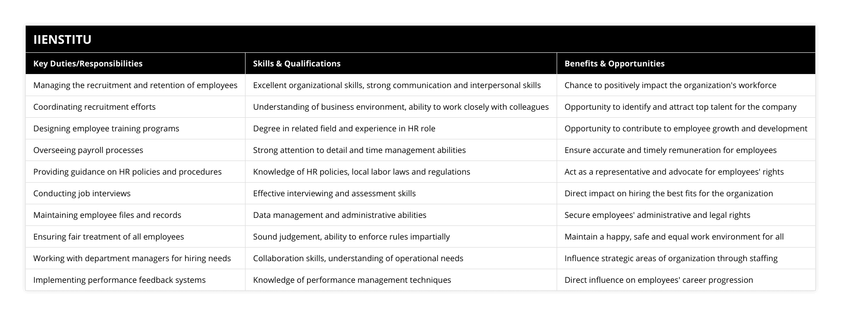 Managing the recruitment and retention of employees, Excellent organizational skills, strong communication and interpersonal skills, Chance to positively impact the organization's workforce, Coordinating recruitment efforts, Understanding of business environment, ability to work closely with colleagues, Opportunity to identify and attract top talent for the company, Designing employee training programs, Degree in related field and experience in HR role, Opportunity to contribute to employee growth and development, Overseeing payroll processes, Strong attention to detail and time management abilities, Ensure accurate and timely remuneration for employees, Providing guidance on HR policies and procedures, Knowledge of HR policies, local labor laws and regulations, Act as a representative and advocate for employees' rights, Conducting job interviews, Effective interviewing and assessment skills, Direct impact on hiring the best fits for the organization, Maintaining employee files and records, Data management and administrative abilities, Secure employees' administrative and legal rights, Ensuring fair treatment of all employees, Sound judgement, ability to enforce rules impartially, Maintain a happy, safe and equal work environment for all, Working with department managers for hiring needs, Collaboration skills, understanding of operational needs, Influence strategic areas of organization through staffing, Implementing performance feedback systems, Knowledge of performance management techniques, Direct influence on employees' career progression