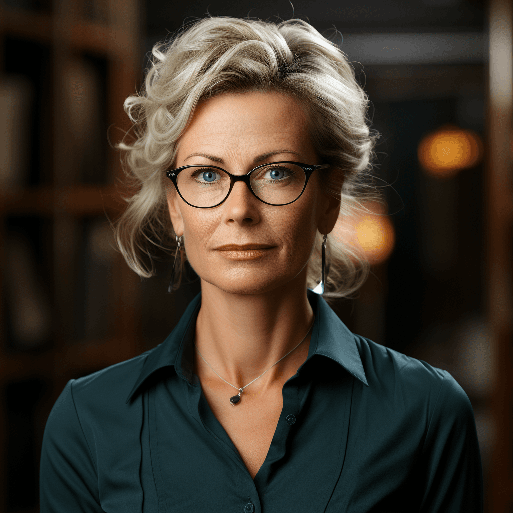A mature woman with glasses, blonde hair, and wearing a green shirt, looking at the camera with a calm expression.