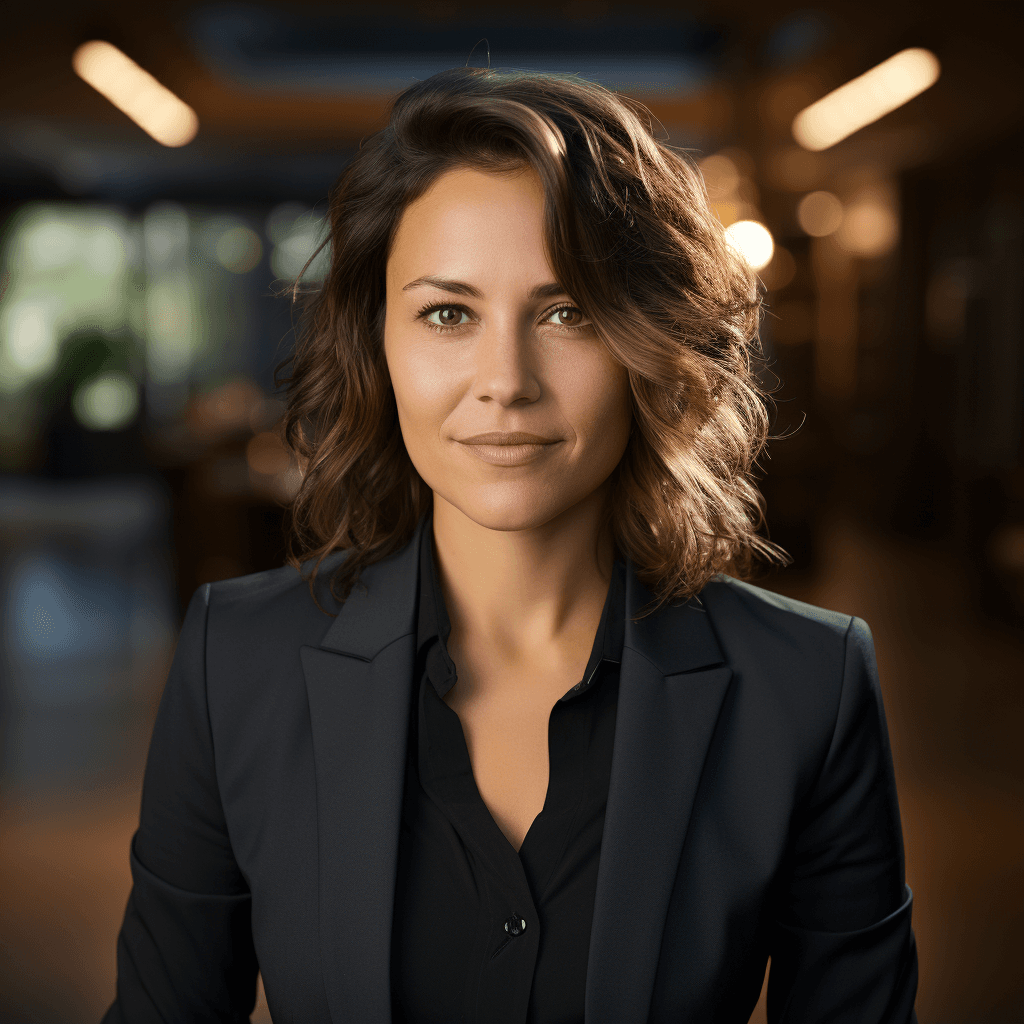 A woman with wavy, shoulder-length brown hair. She is wearing a black blazer over a black shirt. She has a gentle and confident expression. The background showcases an indoor setting with soft lighting, possibly a business or office environment.