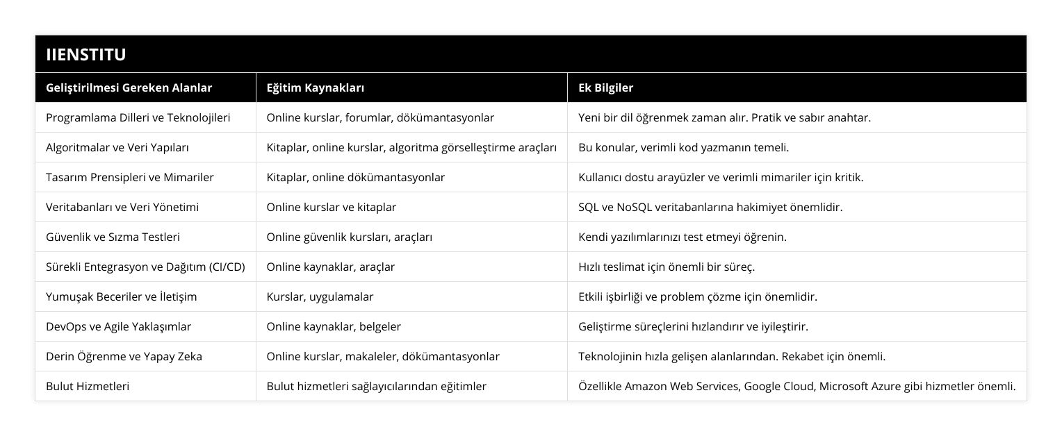 Programlama Dilleri ve Teknolojileri, Online kurslar, forumlar, dökümantasyonlar, Yeni bir dil öğrenmek zaman alır Pratik ve sabır anahtar, Algoritmalar ve Veri Yapıları, Kitaplar, online kurslar, algoritma görselleştirme araçları, Bu konular, verimli kod yazmanın temeli, Tasarım Prensipleri ve Mimariler, Kitaplar, online dökümantasyonlar, Kullanıcı dostu arayüzler ve verimli mimariler için kritik, Veritabanları ve Veri Yönetimi, Online kurslar ve kitaplar, SQL ve NoSQL veritabanlarına hakimiyet önemlidir, Güvenlik ve Sızma Testleri, Online güvenlik kursları, araçları, Kendi yazılımlarınızı test etmeyi öğrenin, Sürekli Entegrasyon ve Dağıtım (CI/CD), Online kaynaklar, araçlar, Hızlı teslimat için önemli bir süreç, Yumuşak Beceriler ve İletişim, Kurslar, uygulamalar, Etkili işbirliği ve problem çözme için önemlidir, DevOps ve Agile Yaklaşımlar, Online kaynaklar, belgeler, Geliştirme süreçlerini hızlandırır ve iyileştirir, Derin Öğrenme ve Yapay Zeka, Online kurslar, makaleler, dökümantasyonlar, Teknolojinin hızla gelişen alanlarından Rekabet için önemli, Bulut Hizmetleri, Bulut hizmetleri sağlayıcılarından eğitimler, Özellikle Amazon Web Services, Google Cloud, Microsoft Azure gibi hizmetler önemli