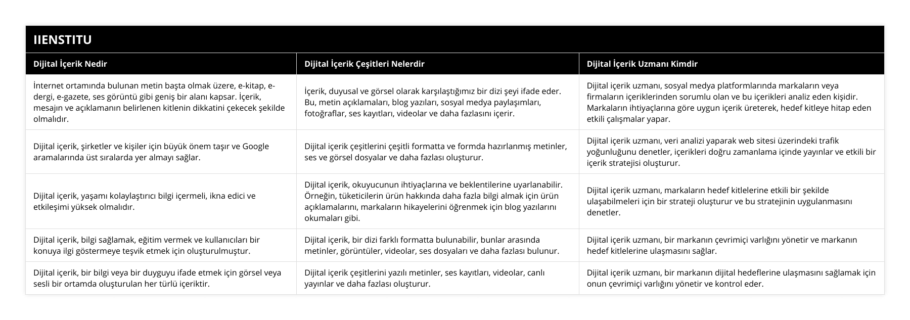 İnternet ortamında bulunan metin başta olmak üzere, e-kitap, e-dergi, e-gazete, ses görüntü gibi geniş bir alanı kapsar İçerik, mesajın ve açıklamanın belirlenen kitlenin dikkatini çekecek şekilde olmalıdır, İçerik, duyusal ve görsel olarak karşılaştığımız bir dizi şeyi ifade eder Bu, metin açıklamaları, blog yazıları, sosyal medya paylaşımları, fotoğraflar, ses kayıtları, videolar ve daha fazlasını içerir, Dijital içerik uzmanı, sosyal medya platformlarında markaların veya firmaların içeriklerinden sorumlu olan ve bu içerikleri analiz eden kişidir Markaların ihtiyaçlarına göre uygun içerik üreterek, hedef kitleye hitap eden etkili çalışmalar yapar, Dijital içerik, şirketler ve kişiler için büyük önem taşır ve Google aramalarında üst sıralarda yer almayı sağlar, Dijital içerik çeşitlerini çeşitli formatta ve formda hazırlanmış metinler, ses ve görsel dosyalar ve daha fazlası oluşturur, Dijital içerik uzmanı, veri analizi yaparak web sitesi üzerindeki trafik yoğunluğunu denetler, içerikleri doğru zamanlama içinde yayınlar ve etkili bir içerik stratejisi oluşturur, Dijital içerik, yaşamı kolaylaştırıcı bilgi içermeli, ikna edici ve etkileşimi yüksek olmalıdır, Dijital içerik, okuyucunun ihtiyaçlarına ve beklentilerine uyarlanabilir Örneğin, tüketicilerin ürün hakkında daha fazla bilgi almak için ürün açıklamalarını, markaların hikayelerini öğrenmek için blog yazılarını okumaları gibi, Dijital içerik uzmanı, markaların hedef kitlelerine etkili bir şekilde ulaşabilmeleri için bir strateji oluşturur ve bu stratejinin uygulanmasını denetler, Dijital içerik, bilgi sağlamak, eğitim vermek ve kullanıcıları bir konuya ilgi göstermeye teşvik etmek için oluşturulmuştur, Dijital içerik, bir dizi farklı formatta bulunabilir, bunlar arasında metinler, görüntüler, videolar, ses dosyaları ve daha fazlası bulunur, Dijital içerik uzmanı, bir markanın çevrimiçi varlığını yönetir ve markanın hedef kitlelerine ulaşmasını sağlar, Dijital içerik, bir bilgi veya bir duyguyu ifade etmek için görsel veya sesli bir ortamda oluşturulan her türlü içeriktir, Dijital içerik çeşitlerini yazılı metinler, ses kayıtları, videolar, canlı yayınlar ve daha fazlası oluşturur, Dijital içerik uzmanı, bir markanın dijital hedeflerine ulaşmasını sağlamak için onun çevrimiçi varlığını yönetir ve kontrol eder