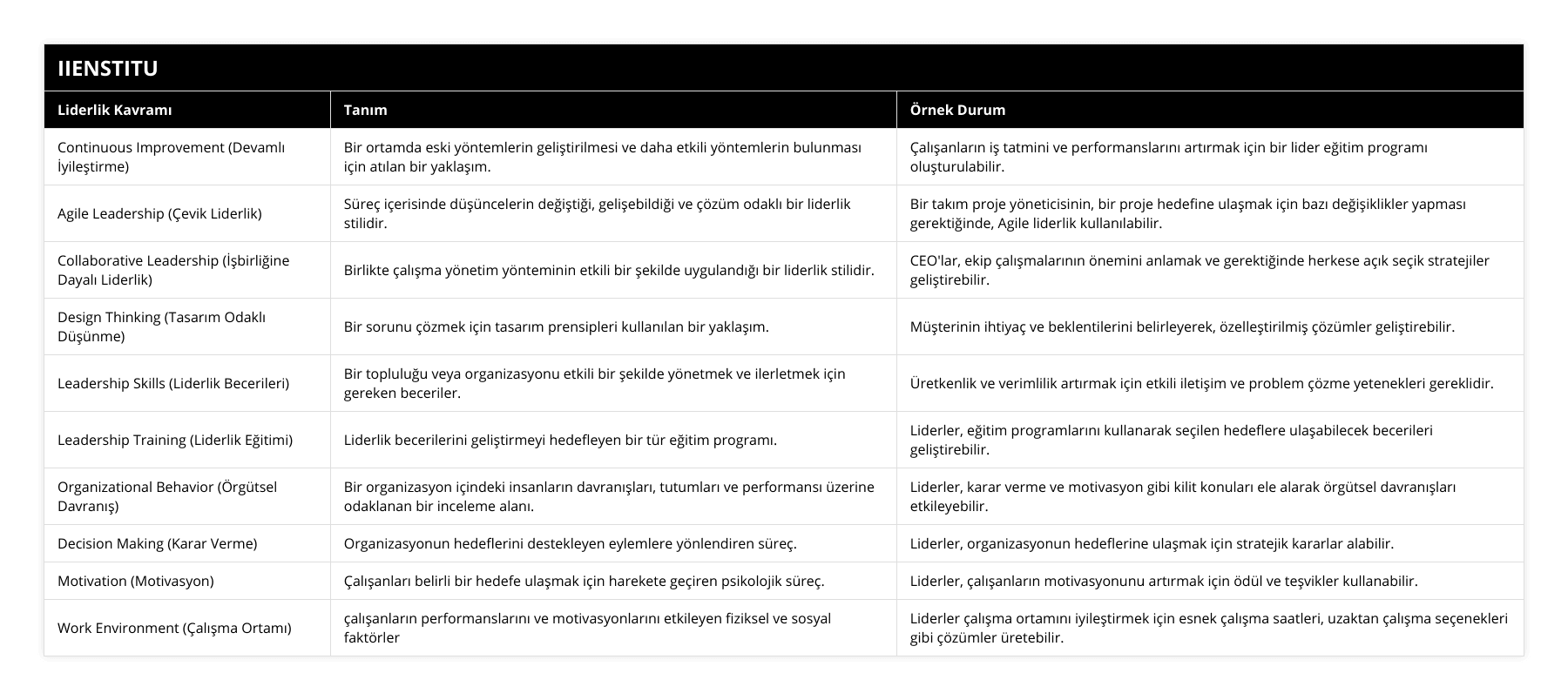 Continuous Improvement (Devamlı İyileştirme), Bir ortamda eski yöntemlerin geliştirilmesi ve daha etkili yöntemlerin bulunması için atılan bir yaklaşım, Çalışanların iş tatmini ve performanslarını artırmak için bir lider eğitim programı oluşturulabilir, Agile Leadership (Çevik Liderlik), Süreç içerisinde düşüncelerin değiştiği, gelişebildiği ve çözüm odaklı bir liderlik stilidir, Bir takım proje yöneticisinin, bir proje hedefine ulaşmak için bazı değişiklikler yapması gerektiğinde, Agile liderlik kullanılabilir, Collaborative Leadership (İşbirliğine Dayalı Liderlik), Birlikte çalışma yönetim yönteminin etkili bir şekilde uygulandığı bir liderlik stilidir, CEO'lar, ekip çalışmalarının önemini anlamak ve gerektiğinde herkese açık seçik stratejiler geliştirebilir, Design Thinking (Tasarım Odaklı Düşünme), Bir sorunu çözmek için tasarım prensipleri kullanılan bir yaklaşım, Müşterinin ihtiyaç ve beklentilerini belirleyerek, özelleştirilmiş çözümler geliştirebilir, Leadership Skills (Liderlik Becerileri), Bir topluluğu veya organizasyonu etkili bir şekilde yönetmek ve ilerletmek için gereken beceriler, Üretkenlik ve verimlilik artırmak için etkili iletişim ve problem çözme yetenekleri gereklidir, Leadership Training (Liderlik Eğitimi), Liderlik becerilerini geliştirmeyi hedefleyen bir tür eğitim programı, Liderler, eğitim programlarını kullanarak seçilen hedeflere ulaşabilecek becerileri geliştirebilir, Organizational Behavior (Örgütsel Davranış), Bir organizasyon içindeki insanların davranışları, tutumları ve performansı üzerine odaklanan bir inceleme alanı, Liderler, karar verme ve motivasyon gibi kilit konuları ele alarak örgütsel davranışları etkileyebilir, Decision Making (Karar Verme), Organizasyonun hedeflerini destekleyen eylemlere yönlendiren süreç, Liderler, organizasyonun hedeflerine ulaşmak için stratejik kararlar alabilir, Motivation (Motivasyon), Çalışanları belirli bir hedefe ulaşmak için harekete geçiren psikolojik süreç, Liderler, çalışanların motivasyonunu artırmak için ödül ve teşvikler kullanabilir, Work Environment (Çalışma Ortamı), çalışanların performanslarını ve motivasyonlarını etkileyen fiziksel ve sosyal faktörler, Liderler çalışma ortamını iyileştirmek için esnek çalışma saatleri, uzaktan çalışma seçenekleri gibi çözümler üretebilir