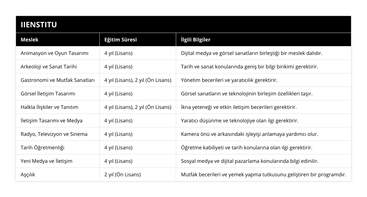 Animasyon ve Oyun Tasarımı, 4 yıl (Lisans), Dijital medya ve görsel sanatların birleştiği bir meslek dalıdır, Arkeoloji ve Sanat Tarihi, 4 yıl (Lisans), Tarih ve sanat konularında geniş bir bilgi birikimi gerektirir, Gastronomi ve Mutfak Sanatları, 4 yıl (Lisans), 2 yıl (Ön Lisans), Yönetim becerileri ve yaratıcılık gerektirir, Görsel İletişim Tasarımı, 4 yıl (Lisans), Görsel sanatların ve teknolojinin birleşim özellikleri taşır, Halkla İlişkiler ve Tanıtım, 4 yıl (Lisans), 2 yıl (Ön Lisans), İkna yeteneği ve etkin iletişim becerileri gerektirir, İletişim Tasarımı ve Medya, 4 yıl (Lisans), Yaratıcı düşünme ve teknolojiye olan ilgi gerektirir, Radyo, Televizyon ve Sinema, 4 yıl (Lisans), Kamera önü ve arkasındaki işleyişi anlamaya yardımcı olur, Tarih Öğretmenliği, 4 yıl (Lisans), Öğretme kabiliyeti ve tarih konularına olan ilgi gerektirir, Yeni Medya ve İletişim, 4 yıl (Lisans), Sosyal medya ve dijital pazarlama konularında bilgi edinilir, Aşçılık, 2 yıl (Ön Lisans), Mutfak becerileri ve yemek yapma tutkusunu geliştiren bir programdır
