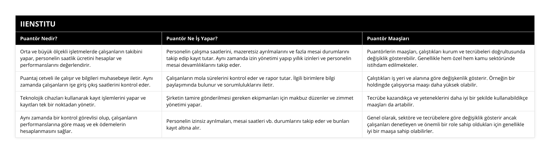 Orta ve büyük ölçekli işletmelerde çalışanların takibini yapar, personelin saatlik ücretini hesaplar ve performanslarını değerlendirir, Personelin çalışma saatlerini, mazeretsiz ayrılmalarını ve fazla mesai durumlarını takip edip kayıt tutar Aynı zamanda izin yönetimi yapıp yıllık izinleri ve personelin mesai devamlılıklarını takip eder, Puantörlerin maaşları, çalıştıkları kurum ve tecrübeleri doğrultusunda değişiklik gösterebilir Genellikle hem özel hem kamu sektöründe istihdam edilmekteler, Puantaj cetveli ile çalışır ve bilgileri muhasebeye iletir Aynı zamanda çalışanların işe giriş çıkış saatlerini kontrol eder, Çalışanların mola sürelerini kontrol eder ve rapor tutar İlgili birimlere bilgi paylaşımında bulunur ve sorumluluklarını iletir, Çalıştıkları iş yeri ve alanına göre değişkenlik gösterir Örneğin bir holdingde çalışıyorsa maaşı daha yüksek olabilir, Teknolojik cihazları kullanarak kayıt işlemlerini yapar ve kayıtları tek bir noktadan yönetir, Şirketin tamire gönderilmesi gereken ekipmanları için makbuz düzenler ve zimmet yönetimi yapar, Tecrübe kazandıkça ve yeteneklerini daha iyi bir şekilde kullanabildikçe maaşları da artabilir, Aynı zamanda bir kontrol görevlisi olup, çalışanların performanslarına göre maaş ve ek ödemelerin hesaplanmasını sağlar, Personelin izinsiz ayrılmaları, mesai saatleri vb durumlarını takip eder ve bunları kayıt altına alır, Genel olarak, sektöre ve tecrübelere göre değişiklik gösterir ancak çalışanları denetleyen ve önemli bir role sahip oldukları için genellikle iyi bir maaşa sahip olabilirler