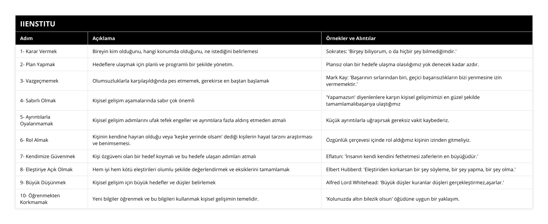 1- Karar Vermek, Bireyin kim olduğunu, hangi konumda olduğunu, ne istediğini belirlemesi, Sokrates: 'Birşey biliyorum, o da hiçbir şey bilmediğimdir', 2- Plan Yapmak, Hedeflere ulaşmak için planlı ve programlı bir şekilde yönetim, Plansız olan bir hedefe ulaşma olasılığımız yok denecek kadar azdır, 3- Vazgeçmemek, Olumsuzluklarla karşılaşıldığında pes etmemek, gerekirse en baştan başlamak, Mark Kay: 'Başarının sırlarından biri, geçici başarısızlıkların bizi yenmesine izin vermemektir', 4- Sabırlı Olmak, Kişisel gelişim aşamalarında sabır çok önemli, 'Yapamazsın' diyenlenlere karşın kişisel gelişimimizi en güzel şekilde tamamlamalıbaşarıya ulaştığımız, 5- Ayrıntılarla Oyalanmamak, Kişisel gelişim adımlarını ufak tefek engeller ve ayrıntılara fazla aldırış etmeden atmalı, Küçük ayrıntılarla uğraşırsak gereksiz vakit kaybederiz, 6- Rol Almak, Kişinin kendine hayran olduğu veya 'keşke yerinde olsam' dediği kişilerin hayat tarzını araştırması ve benimsemesi, Özgünlük çerçevesi içinde rol aldığımız kişinin izinden gitmeliyiz, 7- Kendimize Güvenmek, Kişi özgüveni olan bir hedef koymalı ve bu hedefe ulaşan adımları atmalı, Eflatun: 'İnsanın kendi kendini fethetmesi zaferlerin en büyüğüdür', 8- Eleştiriye Açık Olmak, Hem iyi hem kötü eleştirileri olumlu şekilde değerlendirmek ve eksiklerini tamamlamak, Elbert Hubberd: 'Eleştiriden korkarsan bir şey söyleme, bir şey yapma, bir şey olma', 9- Büyük Düşünmek, Kişisel gelişim için büyük hedefler ve düşler belirlemek, Alfred Lord Whitehead: 'Büyük düşler kuranlar düşleri gerçekleştirmez,aşarlar', 10- Öğrenmekten Korkmamak, Yeni bilgiler öğrenmek ve bu bilgileri kullanmak kişisel gelişimin temelidir, 'Kolunuzda altın bilezik olsun' öğüdüne uygun bir yaklaşım