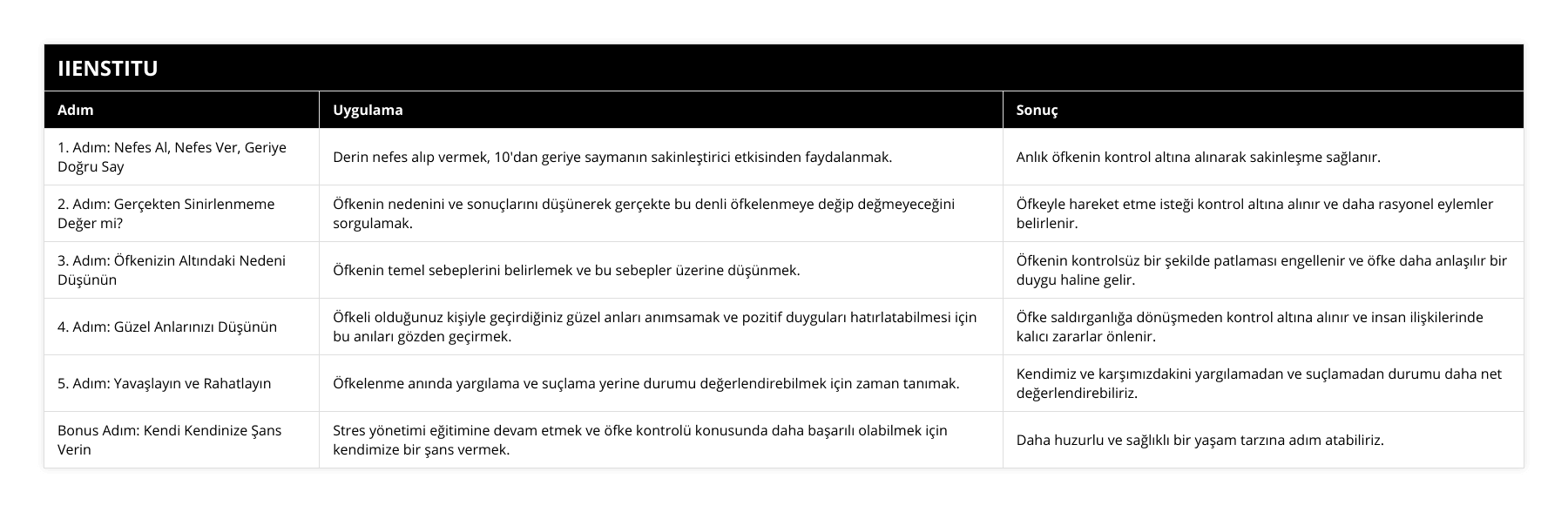 1 Adım: Nefes Al, Nefes Ver, Geriye Doğru Say, Derin nefes alıp vermek, 10'dan geriye saymanın sakinleştirici etkisinden faydalanmak, Anlık öfkenin kontrol altına alınarak sakinleşme sağlanır, 2 Adım: Gerçekten Sinirlenmeme Değer mi?, Öfkenin nedenini ve sonuçlarını düşünerek gerçekte bu denli öfkelenmeye değip değmeyeceğini sorgulamak, Öfkeyle hareket etme isteği kontrol altına alınır ve daha rasyonel eylemler belirlenir, 3 Adım: Öfkenizin Altındaki Nedeni Düşünün, Öfkenin temel sebeplerini belirlemek ve bu sebepler üzerine düşünmek, Öfkenin kontrolsüz bir şekilde patlaması engellenir ve öfke daha anlaşılır bir duygu haline gelir, 4 Adım: Güzel Anlarınızı Düşünün, Öfkeli olduğunuz kişiyle geçirdiğiniz güzel anları anımsamak ve pozitif duyguları hatırlatabilmesi için bu anıları gözden geçirmek, Öfke saldırganlığa dönüşmeden kontrol altına alınır ve insan ilişkilerinde kalıcı zararlar önlenir, 5 Adım: Yavaşlayın ve Rahatlayın, Öfkelenme anında yargılama ve suçlama yerine durumu değerlendirebilmek için zaman tanımak, Kendimiz ve karşımızdakini yargılamadan ve suçlamadan durumu daha net değerlendirebiliriz, Bonus Adım: Kendi Kendinize Şans Verin, Stres yönetimi eğitimine devam etmek ve öfke kontrolü konusunda daha başarılı olabilmek için kendimize bir şans vermek, Daha huzurlu ve sağlıklı bir yaşam tarzına adım atabiliriz