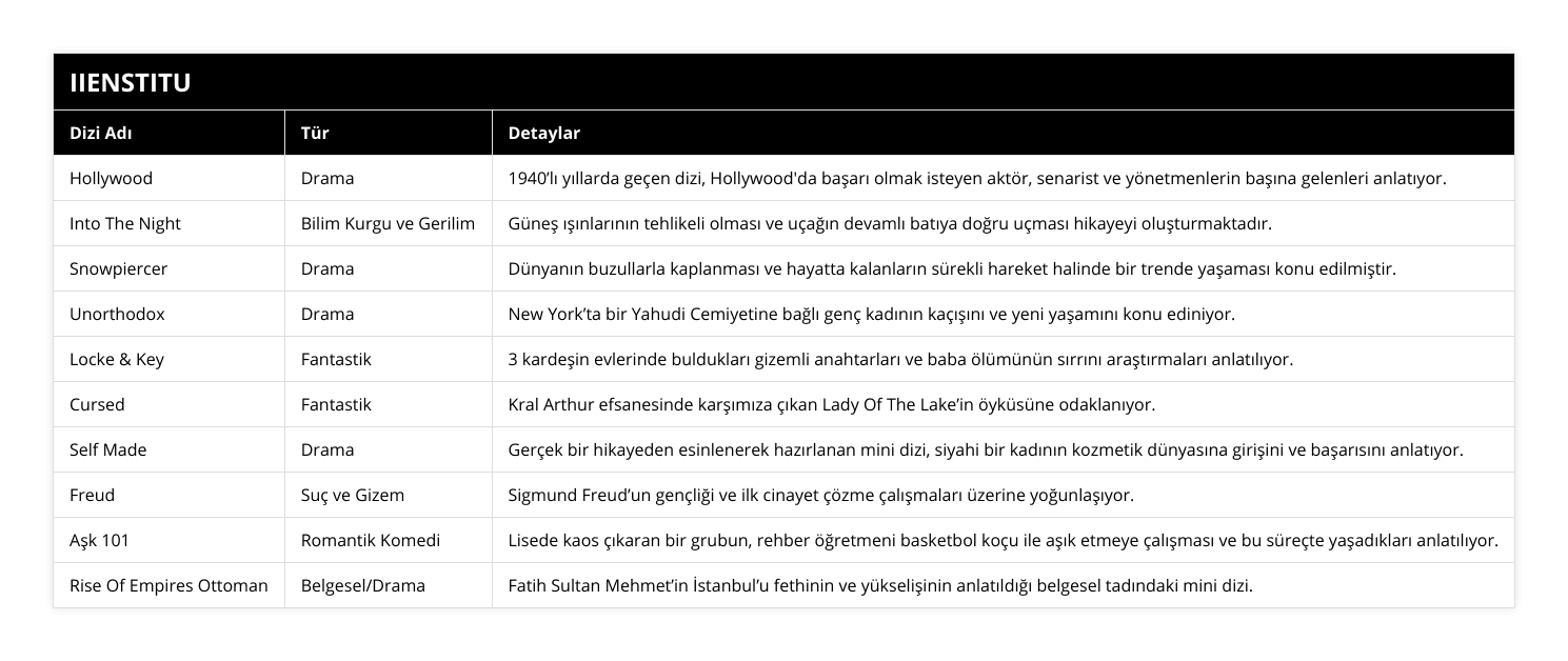 Hollywood, Drama, 1940’lı yıllarda geçen dizi, Hollywood'da başarı olmak isteyen aktör, senarist ve yönetmenlerin başına gelenleri anlatıyor, Into The Night, Bilim Kurgu ve Gerilim, Güneş ışınlarının tehlikeli olması ve uçağın devamlı batıya doğru uçması hikayeyi oluşturmaktadır, Snowpiercer, Drama, Dünyanın buzullarla kaplanması ve hayatta kalanların sürekli hareket halinde bir trende yaşaması konu edilmiştir, Unorthodox, Drama, New York’ta bir Yahudi Cemiyetine bağlı genç kadının kaçışını ve yeni yaşamını konu ediniyor, Locke & Key, Fantastik, 3 kardeşin evlerinde buldukları gizemli anahtarları ve baba ölümünün sırrını araştırmaları anlatılıyor, Cursed, Fantastik, Kral Arthur efsanesinde karşımıza çıkan Lady Of The Lake’in öyküsüne odaklanıyor, Self Made, Drama, Gerçek bir hikayeden esinlenerek hazırlanan mini dizi, siyahi bir kadının kozmetik dünyasına girişini ve başarısını anlatıyor, Freud, Suç ve Gizem, Sigmund Freud’un gençliği ve ilk cinayet çözme çalışmaları üzerine yoğunlaşıyor, Aşk 101, Romantik Komedi, Lisede kaos çıkaran bir grubun, rehber öğretmeni basketbol koçu ile aşık etmeye çalışması ve bu süreçte yaşadıkları anlatılıyor, Rise Of Empires Ottoman, Belgesel/Drama, Fatih Sultan Mehmet’in İstanbul’u fethinin ve yükselişinin anlatıldığı belgesel tadındaki mini dizi